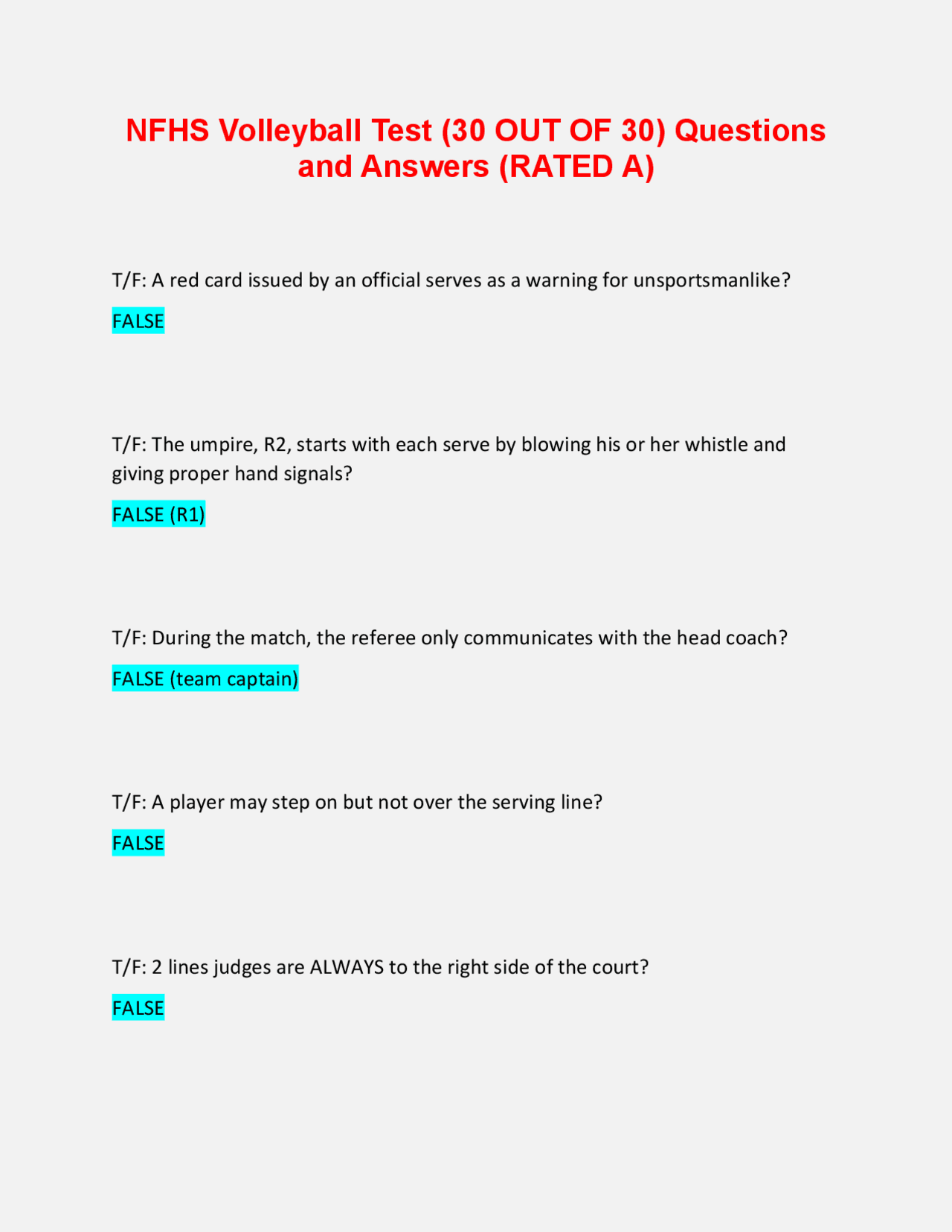 NFHS Volleyball Test (30 OUT OF 30) Questions and Answers (RATED A