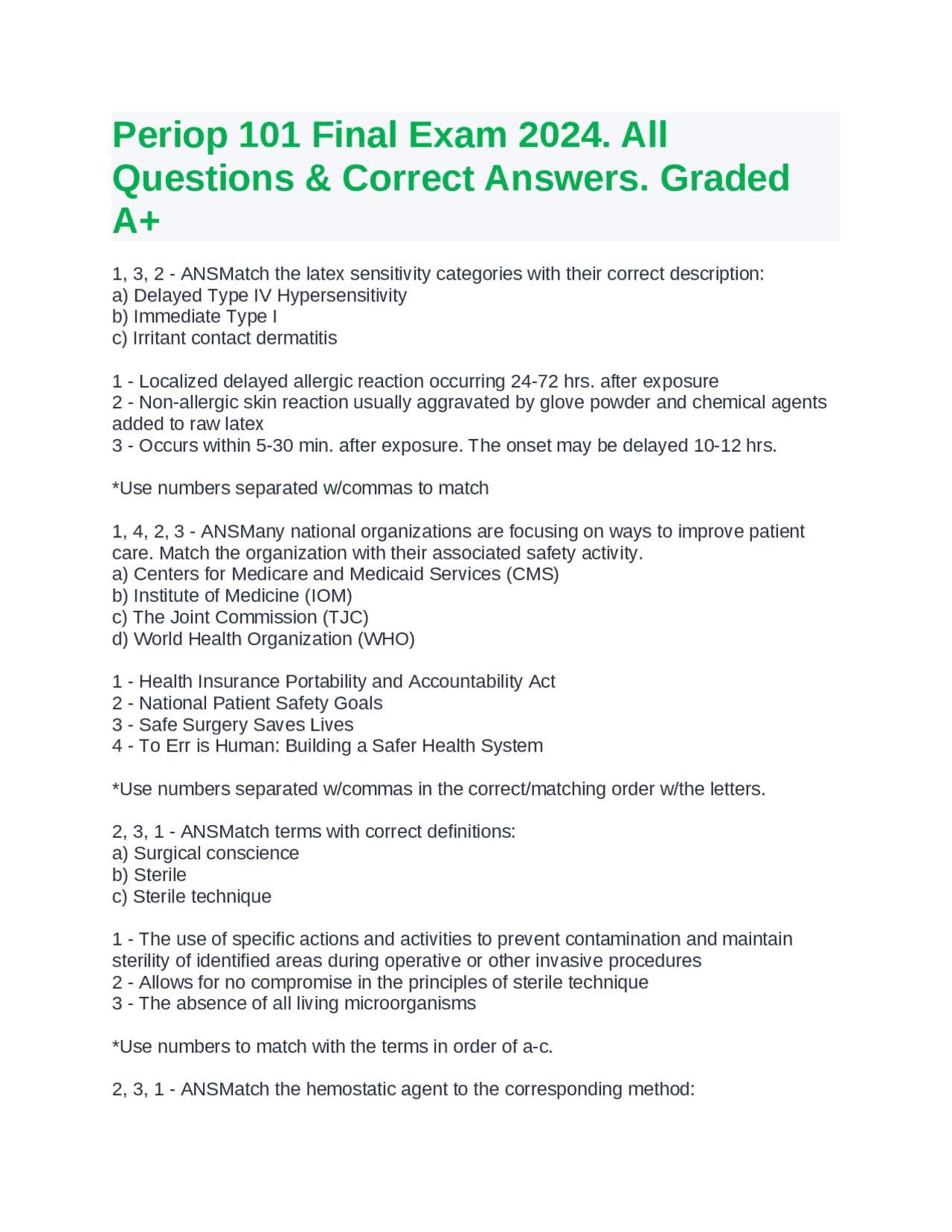 Periop 101 Final Exam 2024. All Questions & Correct Answers. Graded A+ ...