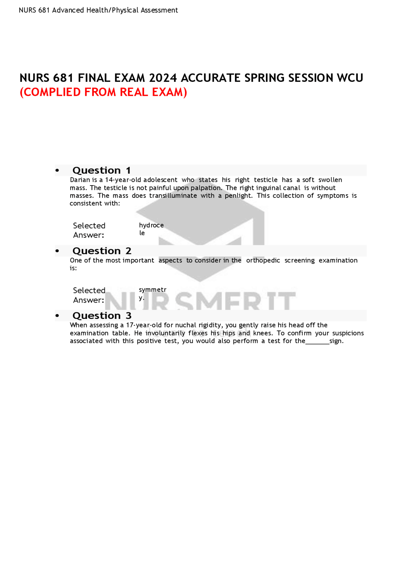 NURS 681 FINAL EXAM 2024 ACCURATE SPRING SESSION WCU FROM