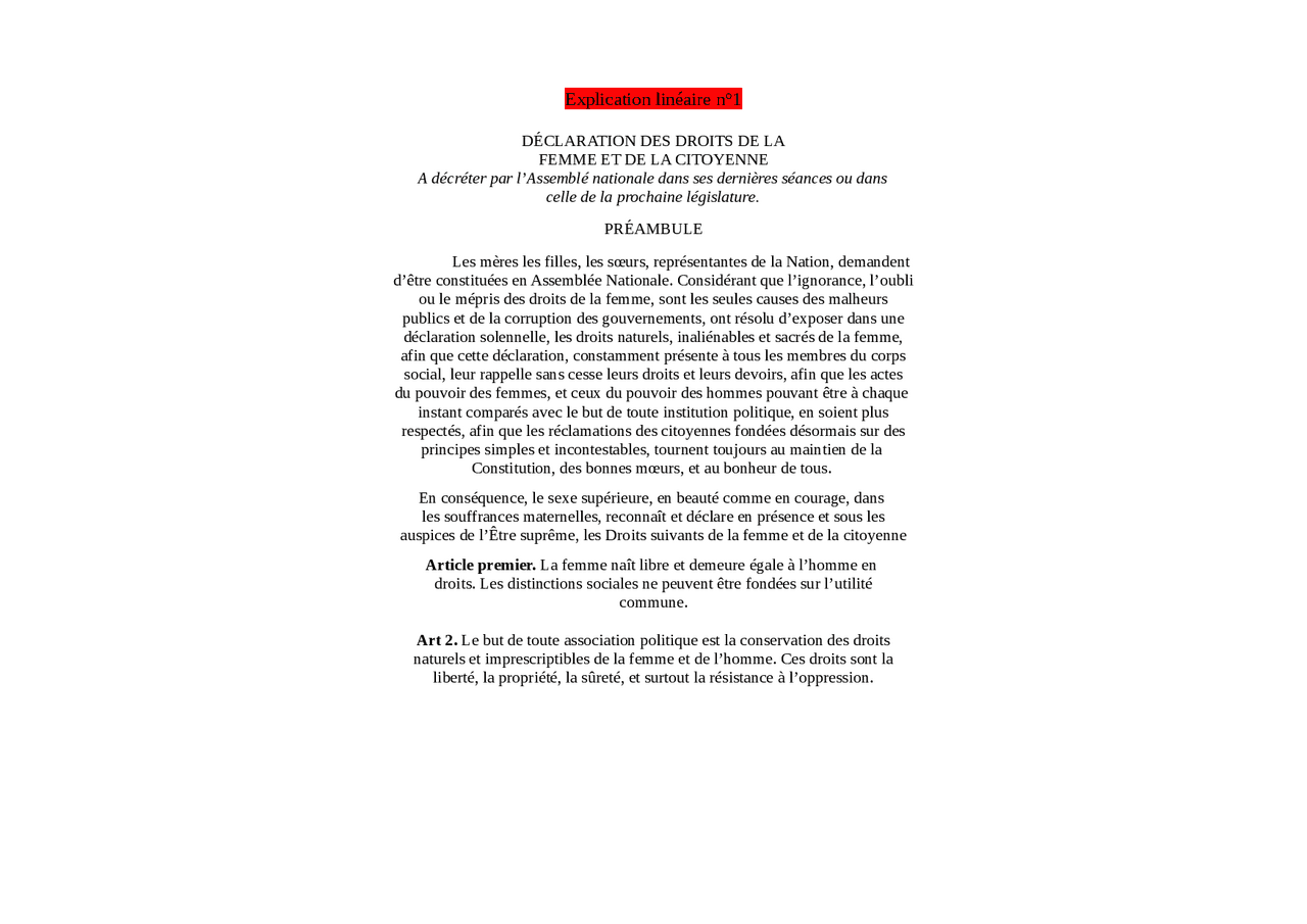Postambule Olympe De Gouges Analyse Linéaire Pdf www.docsity.com