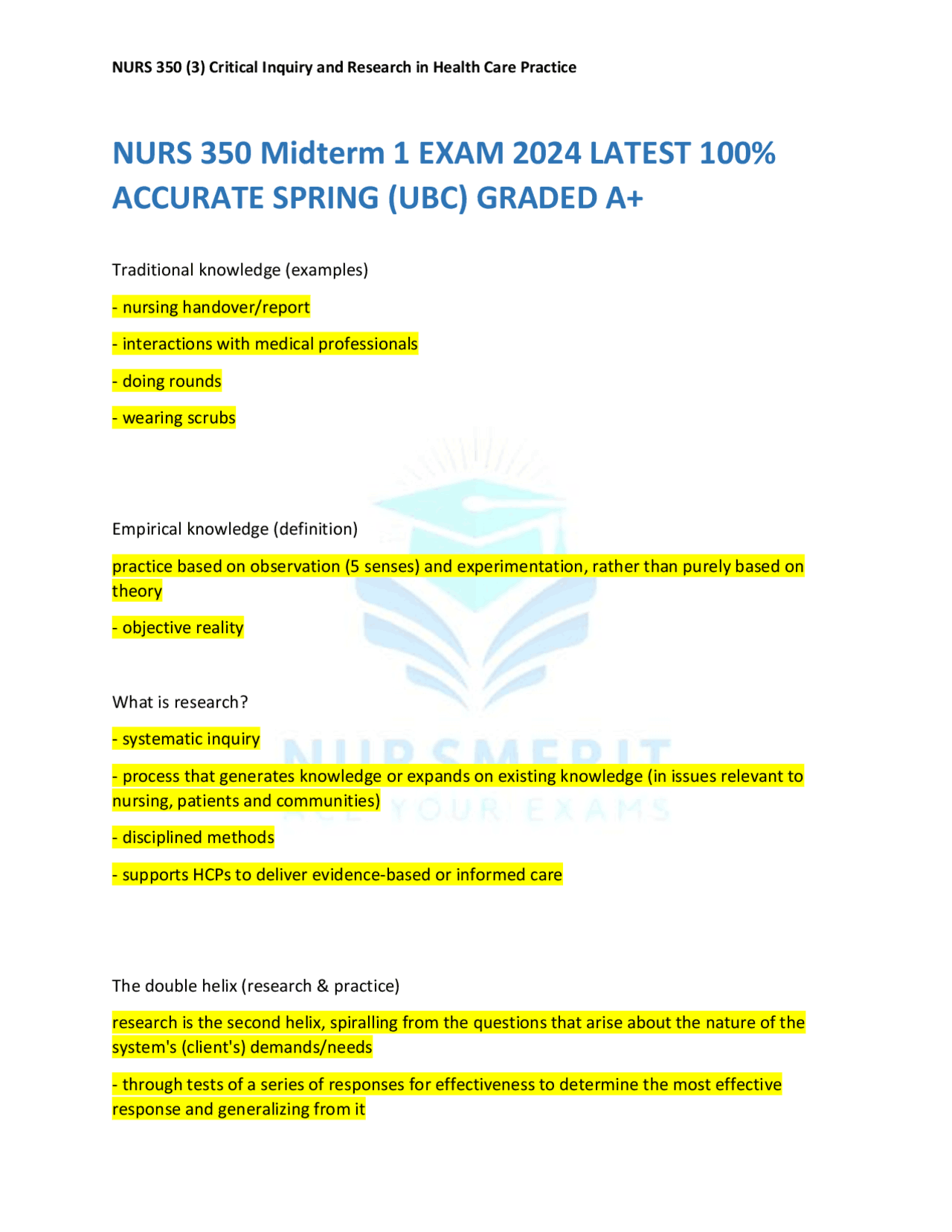 NURS 350 Midterm 1 EXAM 2024 LATEST 100 ACCURATE SPRING (UBC) GRADED