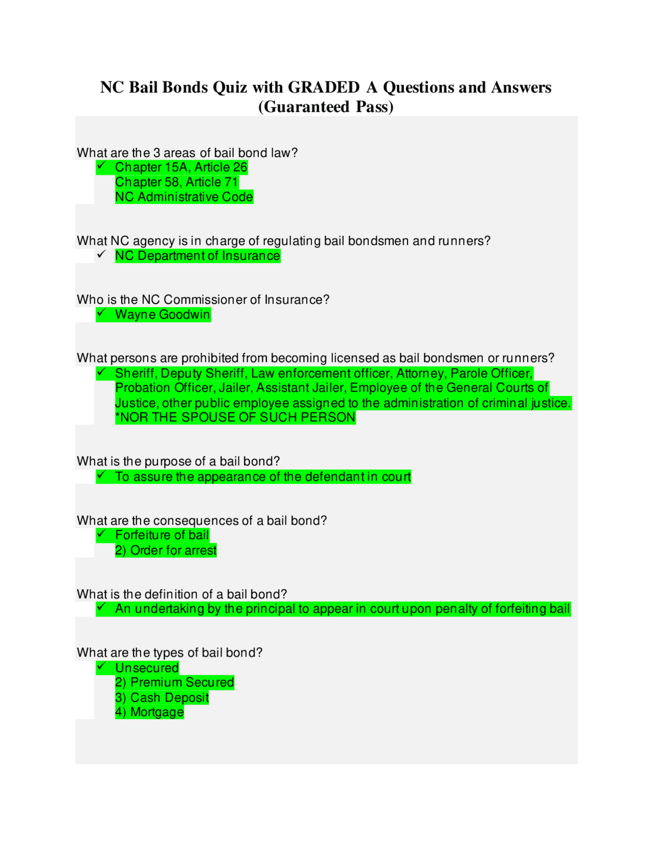 NC Bail Bonds Quiz with GRADED A Questions and Answers | Exams Advanced ...