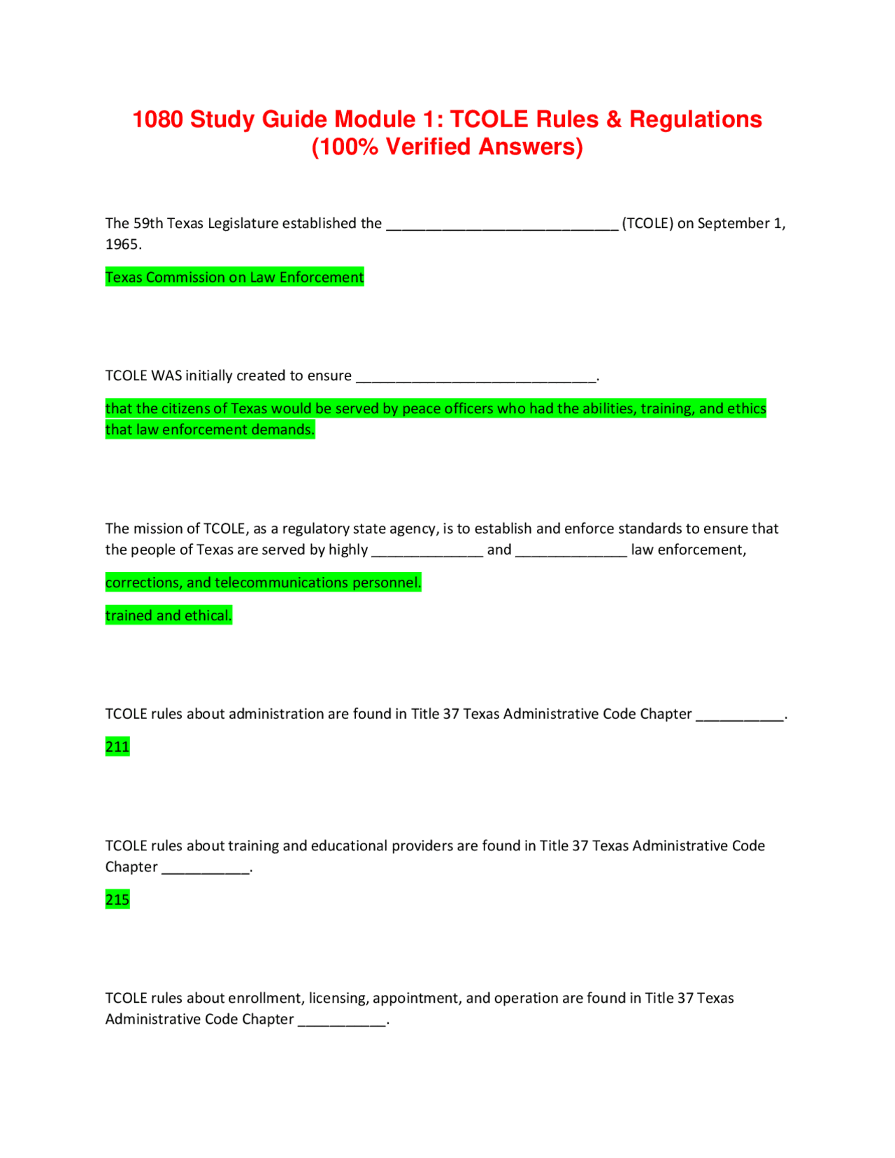 1080 Study Guide Module 1 TCOLE Rules & Regulations (100 Verified