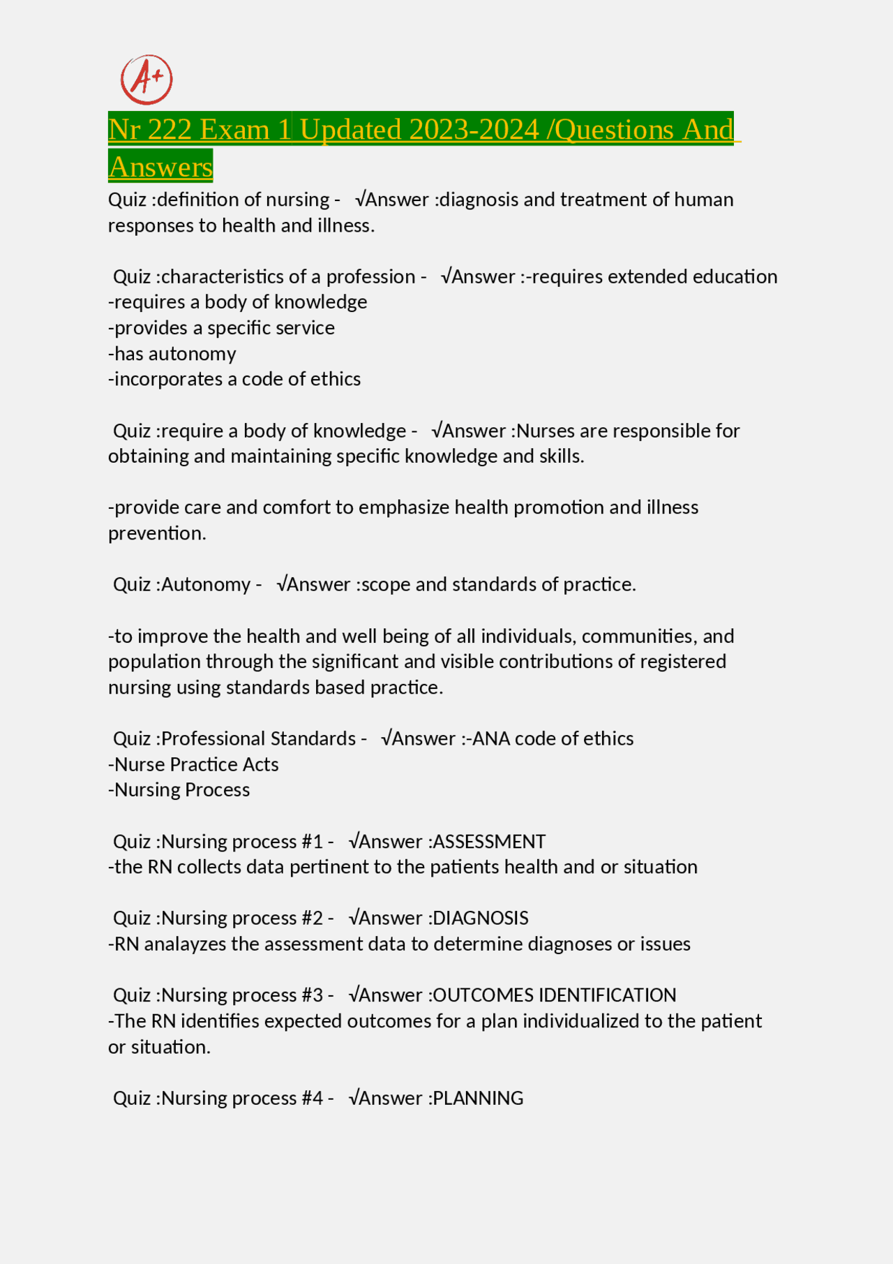 Nr 222 Exam 1 Updated 2023-2024 /Questions And Answers | Exams Nursing ...