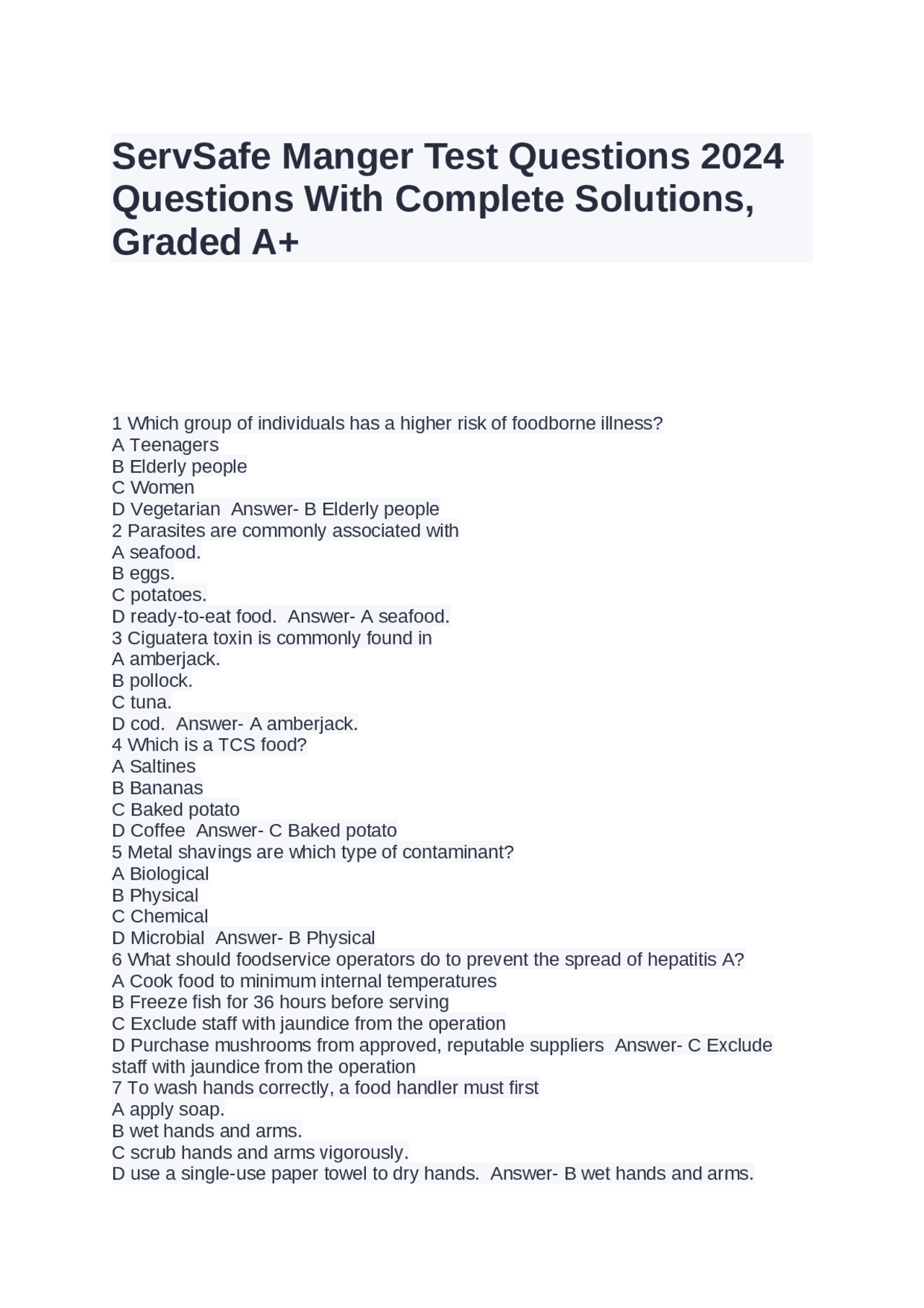 Servsafe Manger Test Questions 2024 Questions With Complete Solutions Servsafe Manger Test Questions 2024 Questions With Complete Solutions