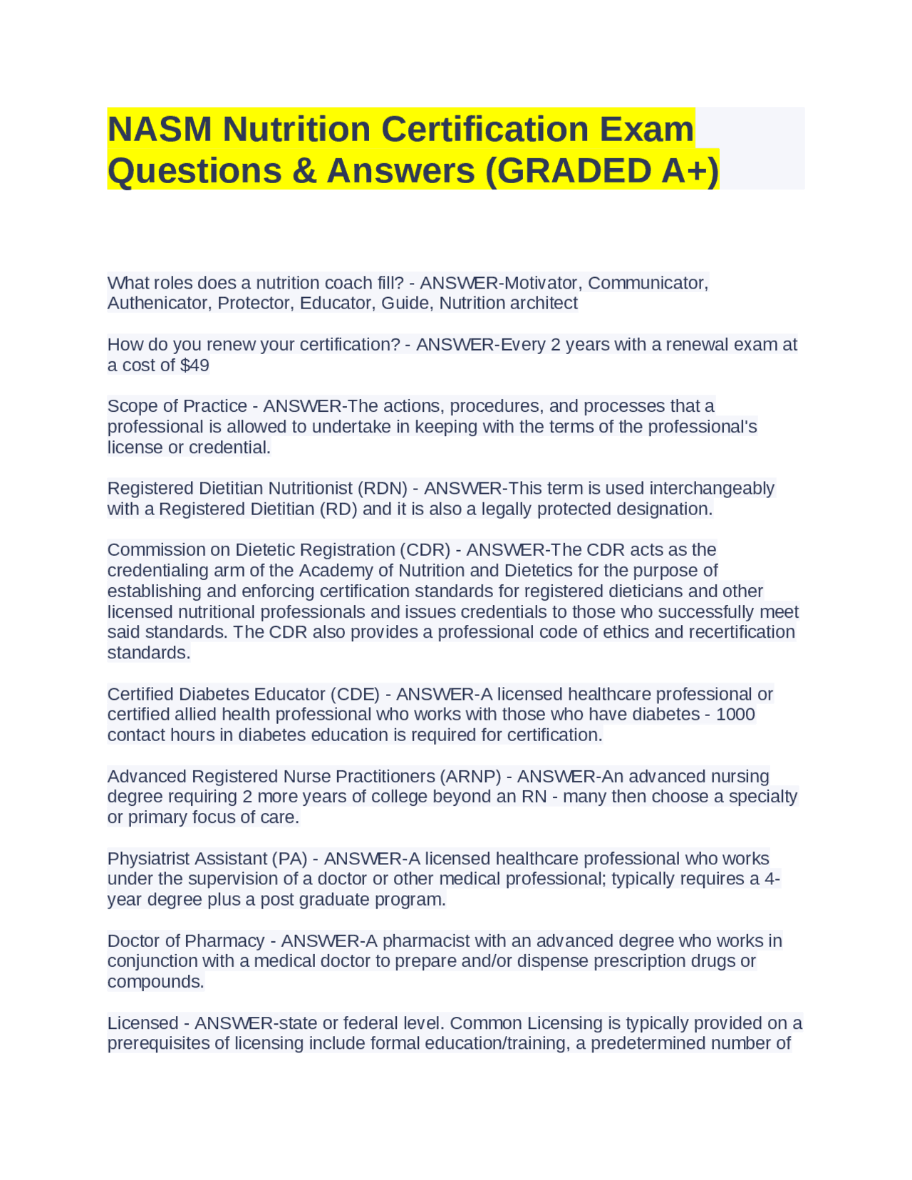 NASM Nutrition Certification Exam Questions Answers (GRADED A NASM Nutrition Certification Exam Questions Answers (GRADED A