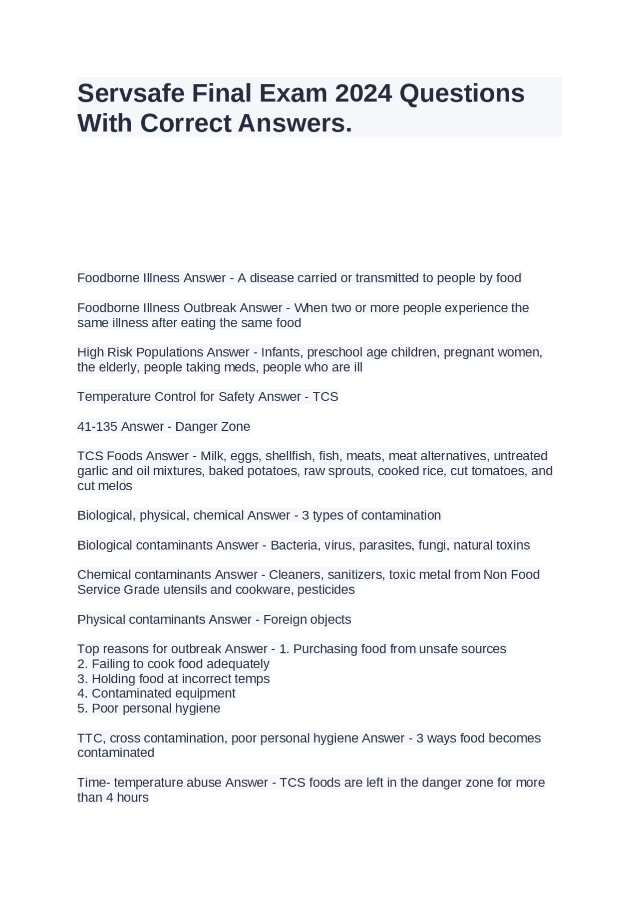 Servsafe Final Exam 2024 Questions With Correct Answers. | Exams ...