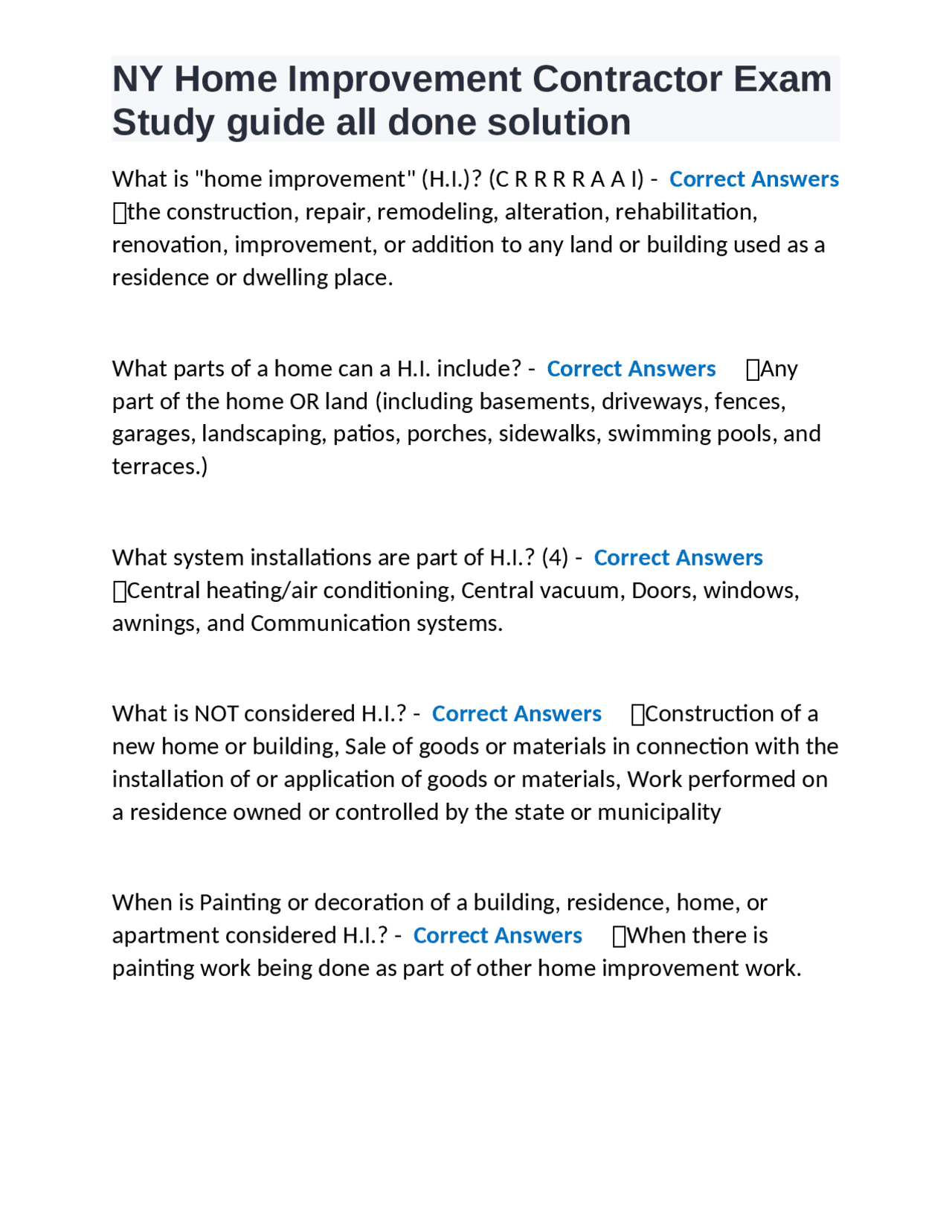 NY Home Improvement Contractor Exam Study guide all done solution ...
