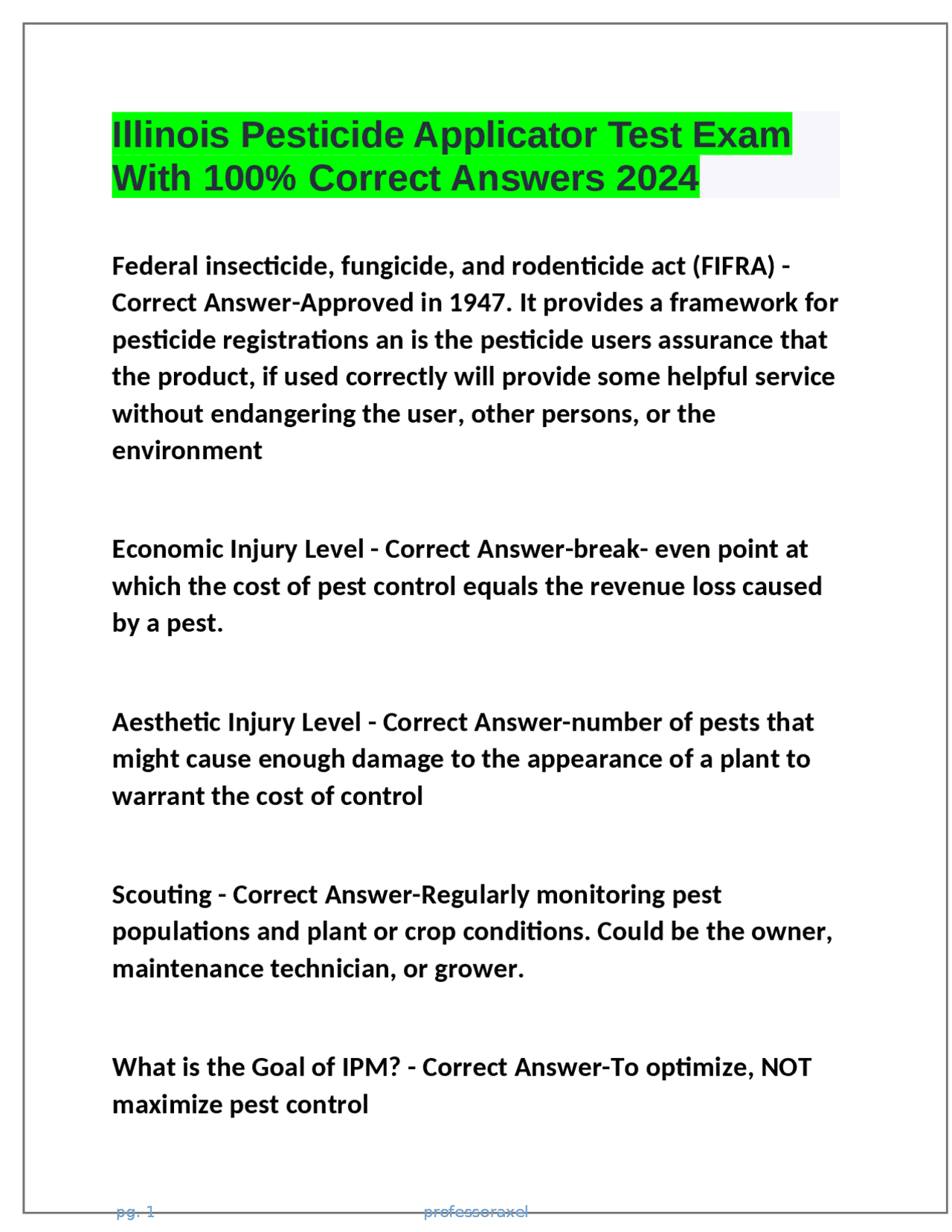 Illinois Pesticide Applicator Test Exam With 100 Correct Answers 2024
