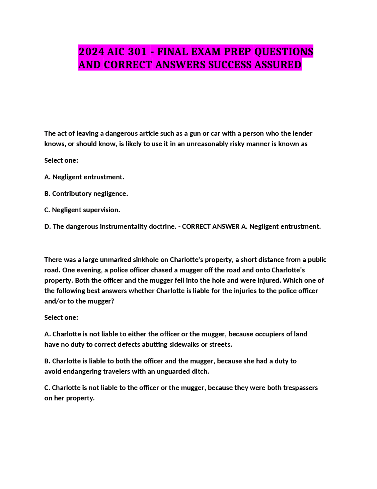 2024 AIC 301 - FINAL EXAM PREP QUESTIONS AND CORRECT ANSWERS SUCCESS ...