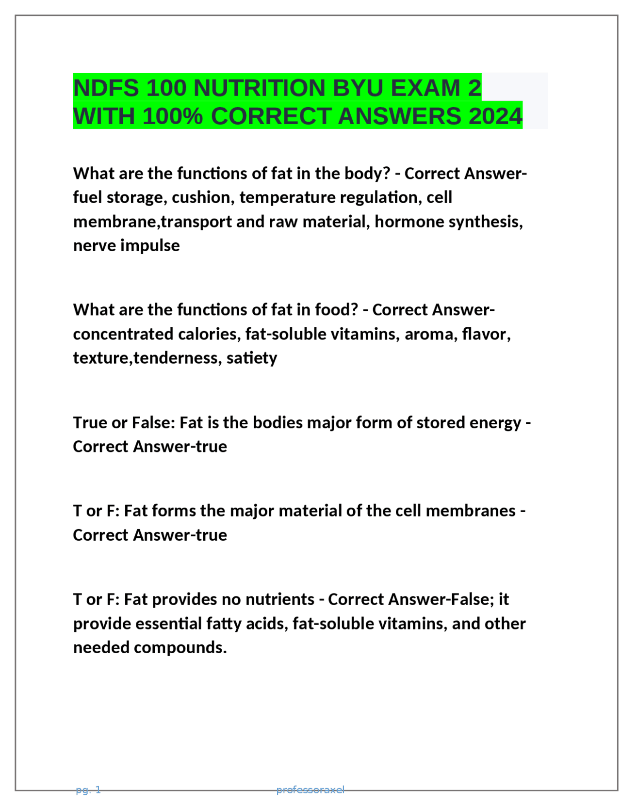 NDFS 100 NUTRITION BYU EXAM 2 WITH 100% CORRECT ANSWERS 2024 | Exams ...
