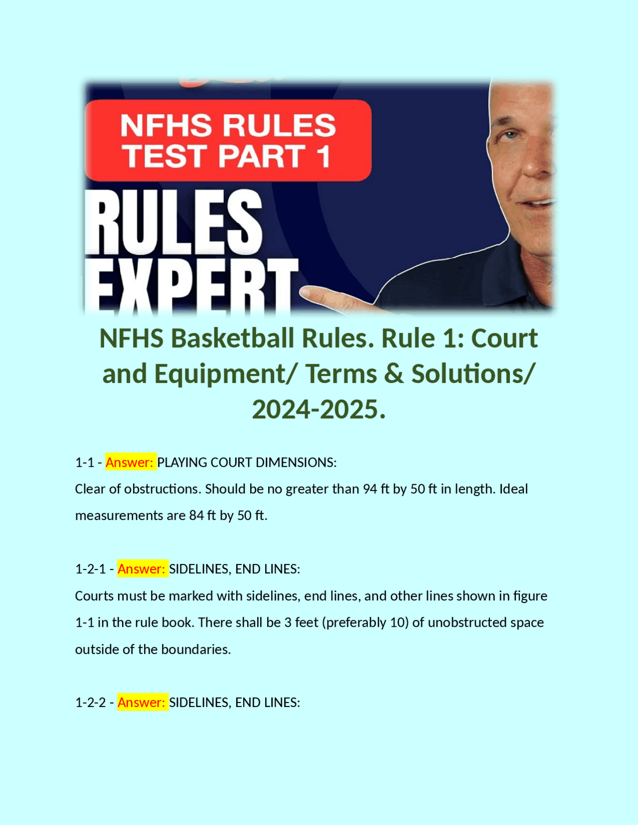 NFHS Basketball Rules. Rule 1 Court and Equipment Exams Psychology