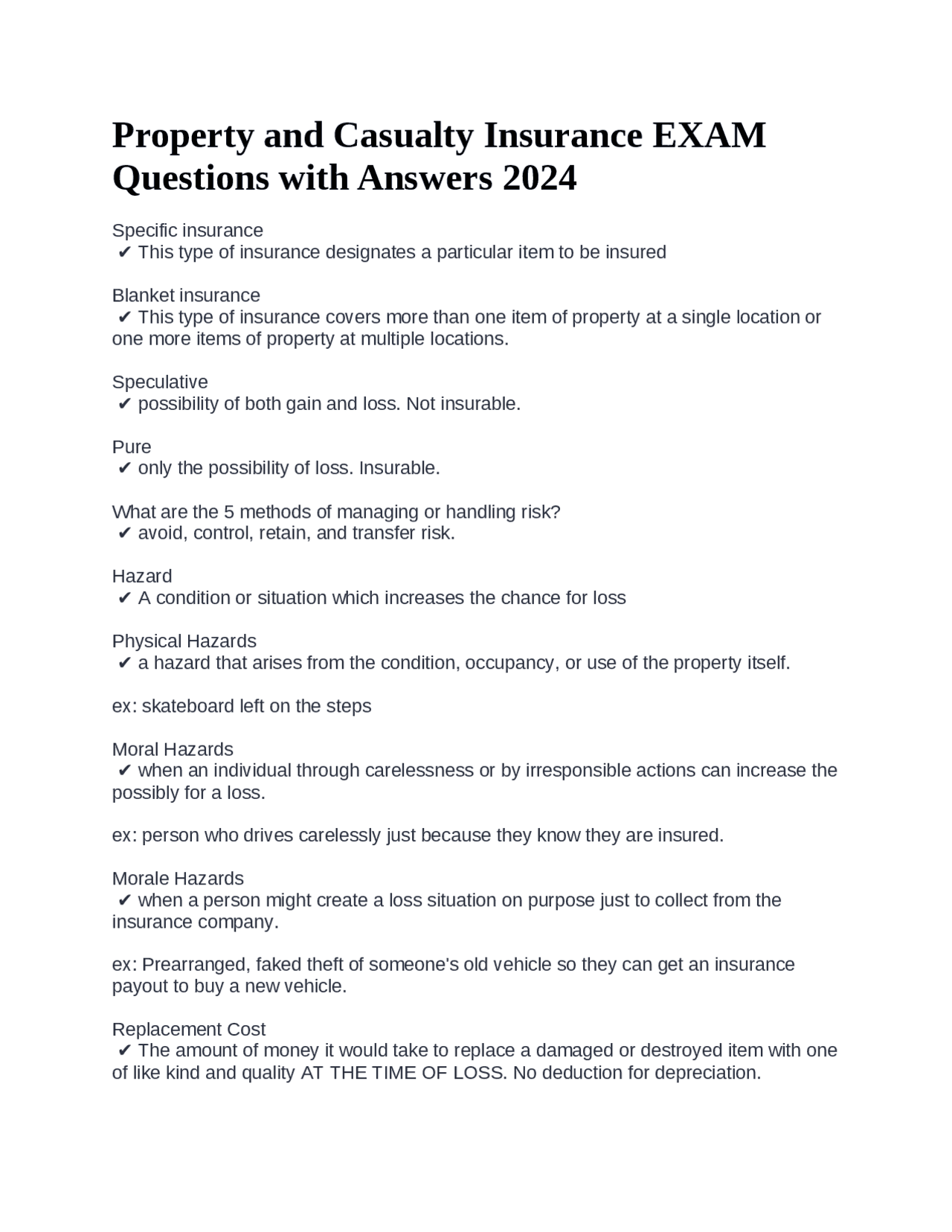 Property and Casualty Insurance EXAM Questions with Answers 2024 | Exams Economics | Docsity
