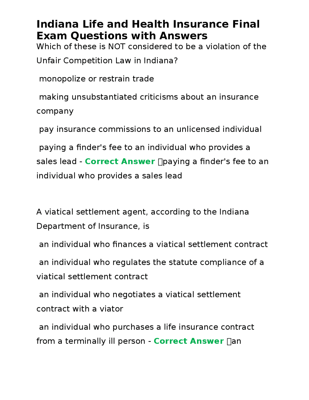 Indiana Life and Health Insurance Final Exam Questions with Answers