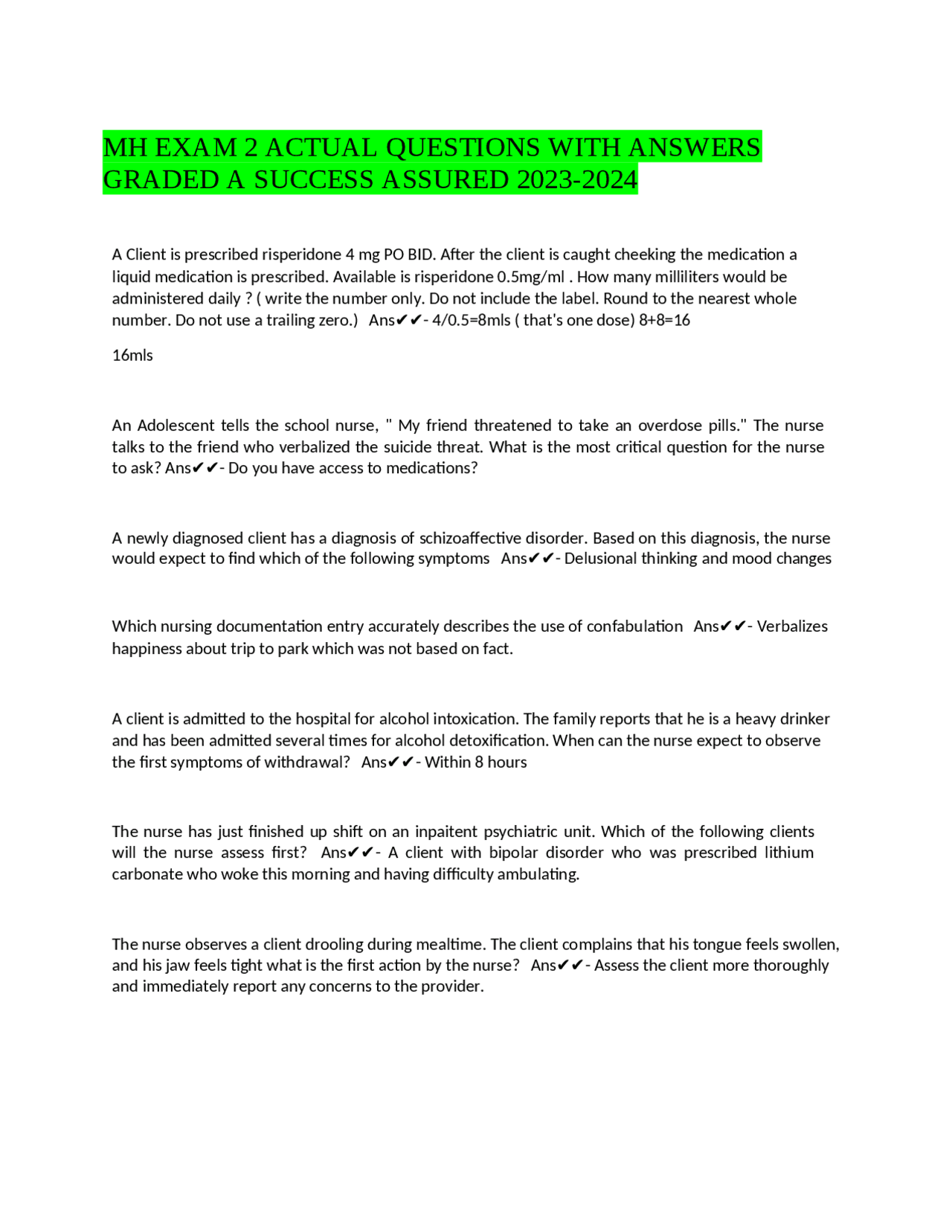 MH EXAM 2 ACTUAL QUESTIONS WITH ANSWERS GRADED A SUCCESS ASSURED 2023 ...