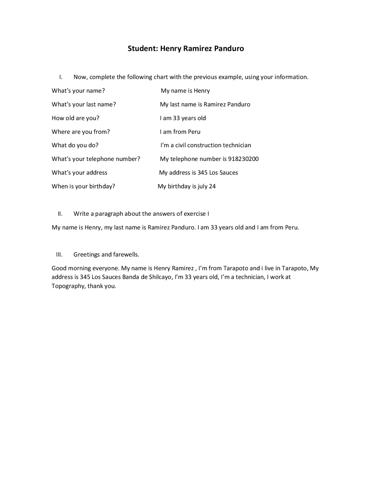Now, complete the following chart with the previous example, using your ...