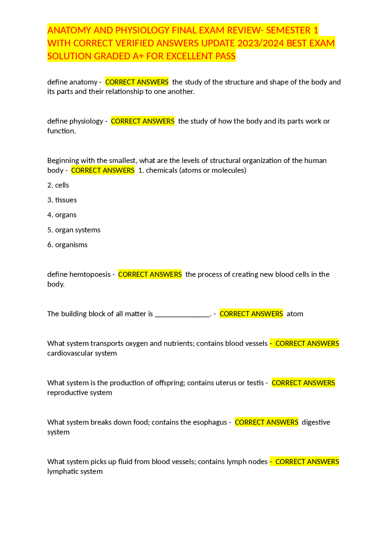 ANATOMY AND PHYSIOLOGY FINAL EXAM REVIEW- SEMESTER 1 WITH CORRECT ...