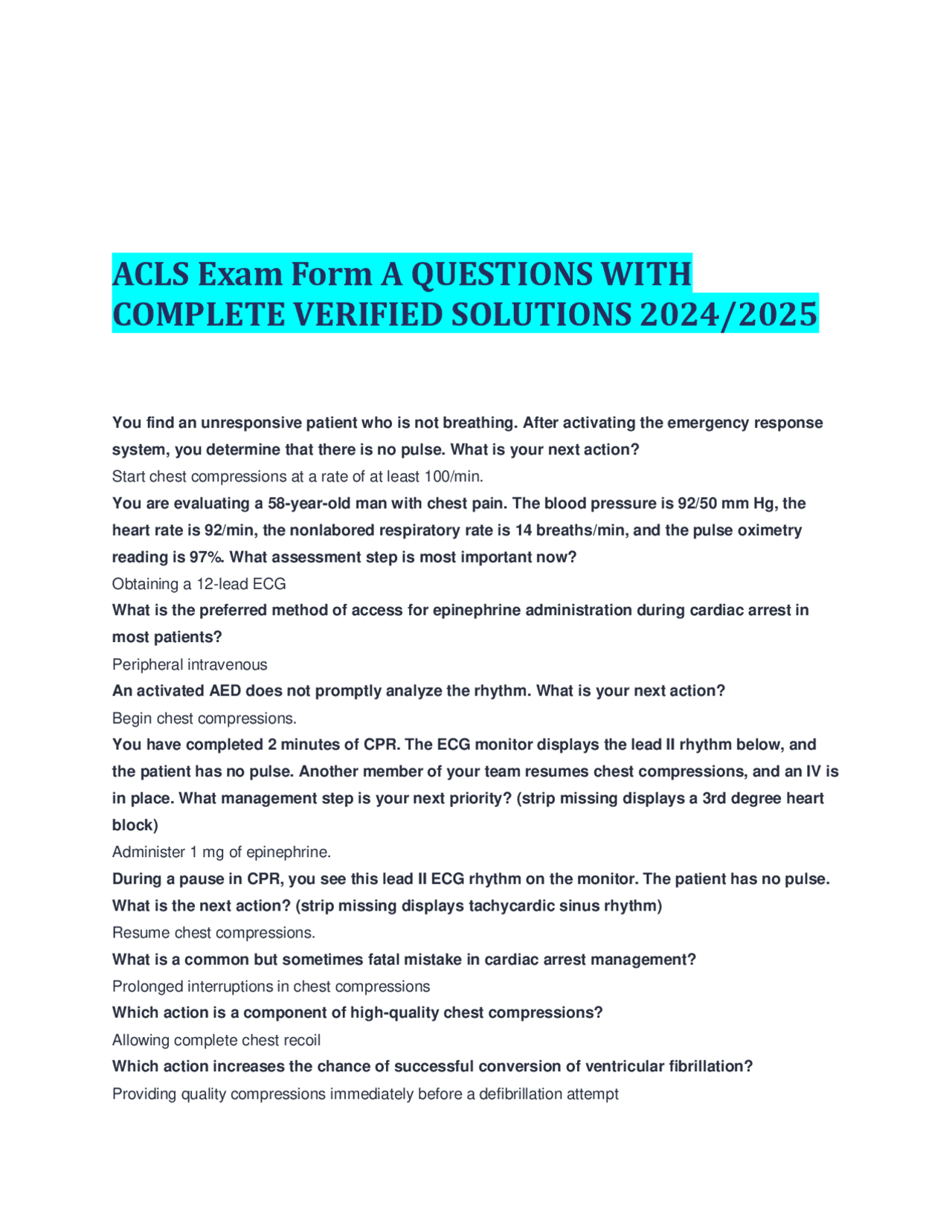 ACLS Exam Form A QUESTIONS WITH COMPLETE VERIFIED SOLUTIONS 2024/2025 ...
