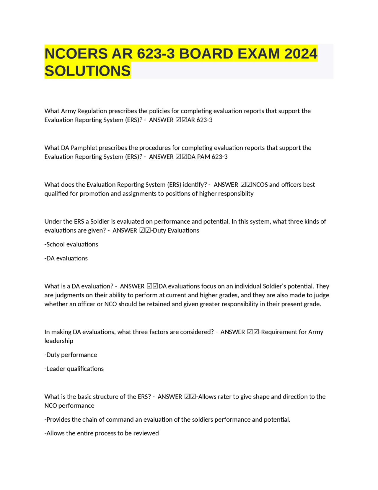 NCOERS AR 6233 BOARD EXAM 2024 SOLUTIONS Exams Nursing Docsity