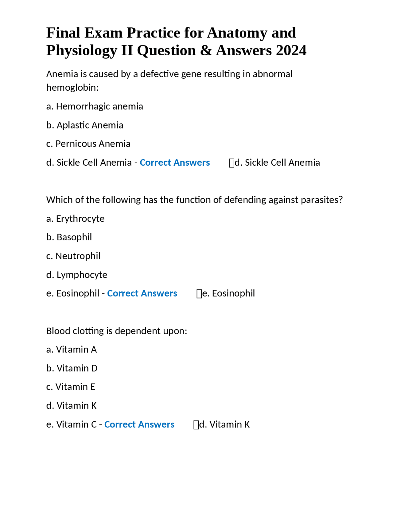 Final Exam Practice for Anatomy and Physiology II Question & Answers ...