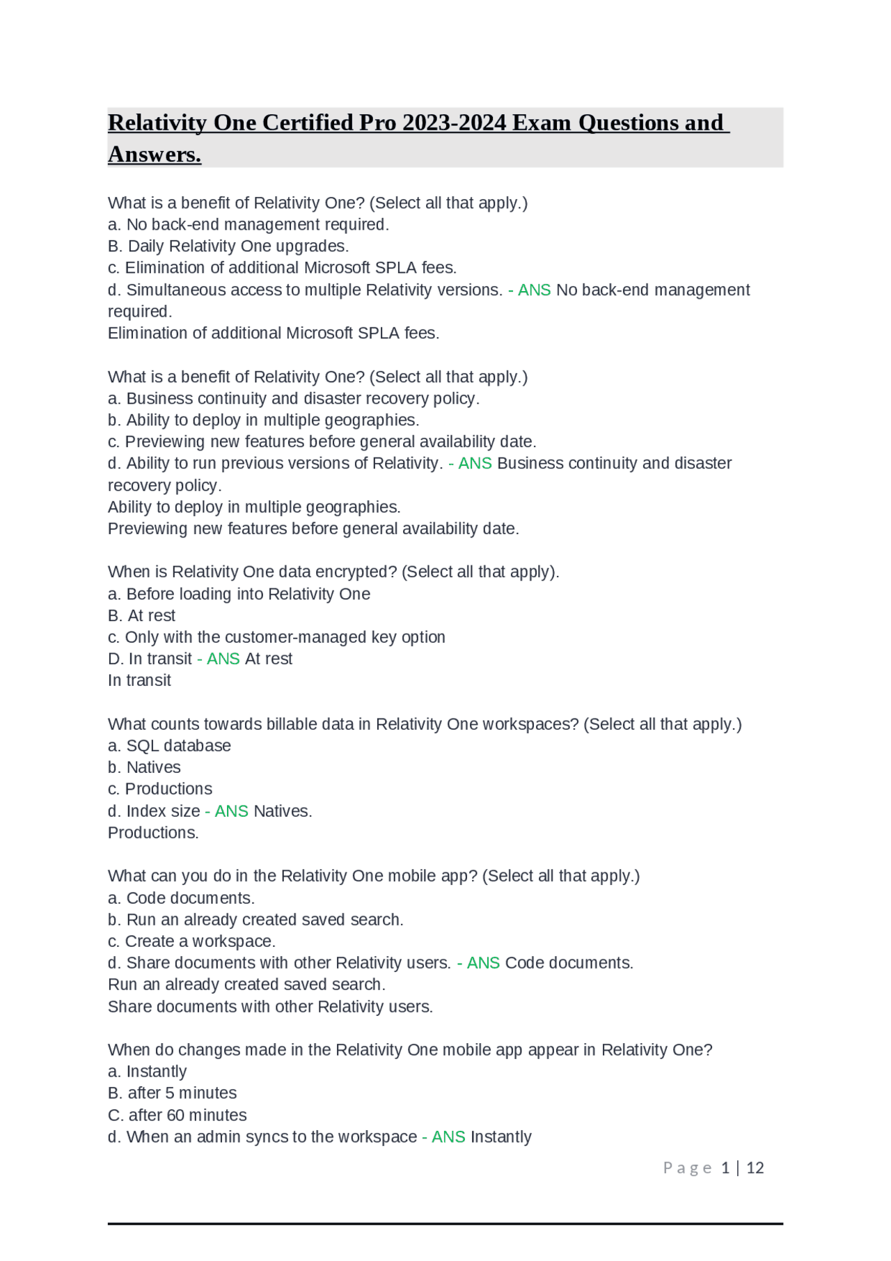 Relativity Certification Relativity One Certified Pro 2023-2024 Exam Questions and Answers ...