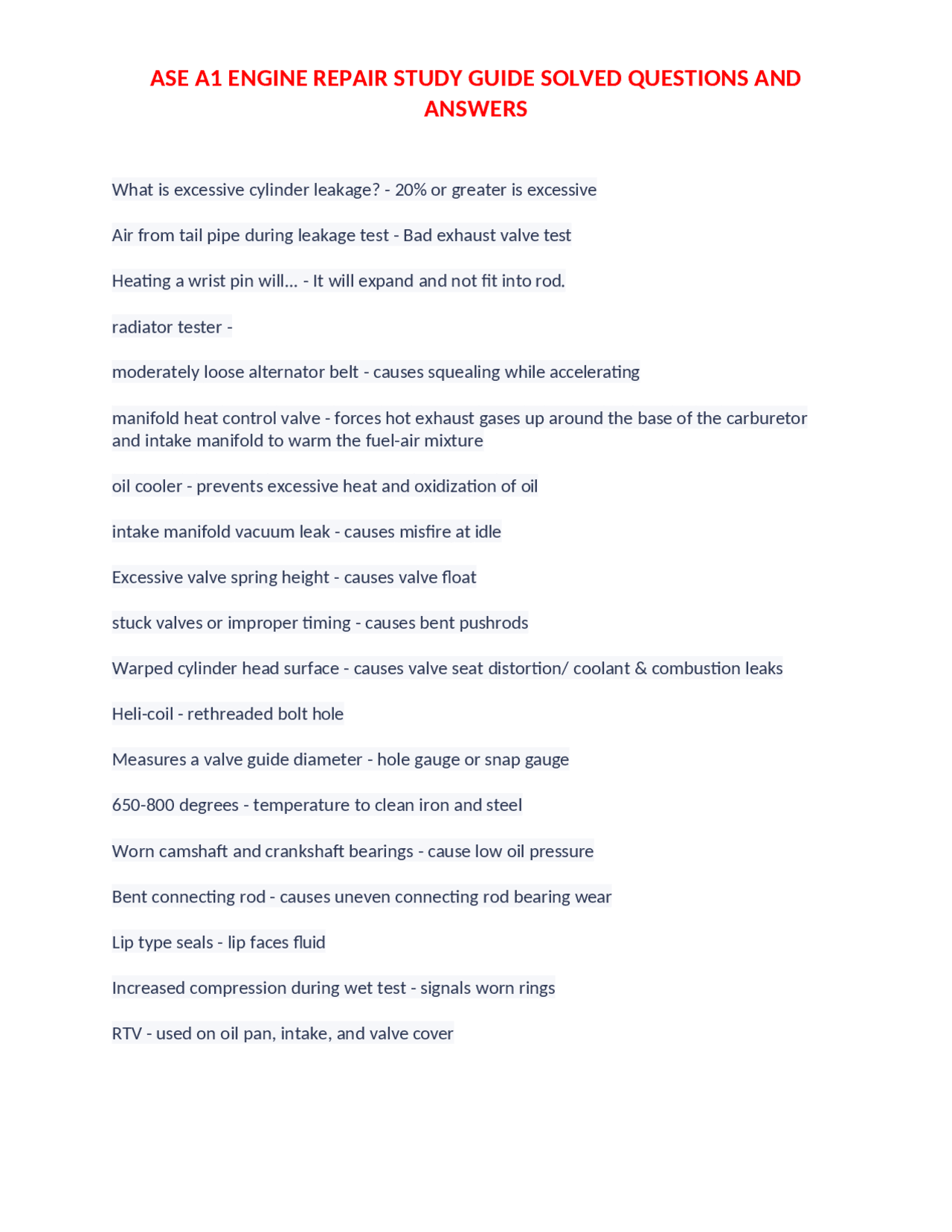 ASE A1 ENGINE REPAIR STUDY GUIDE SOLVED QUESTIONS AND ANSWERS Exams