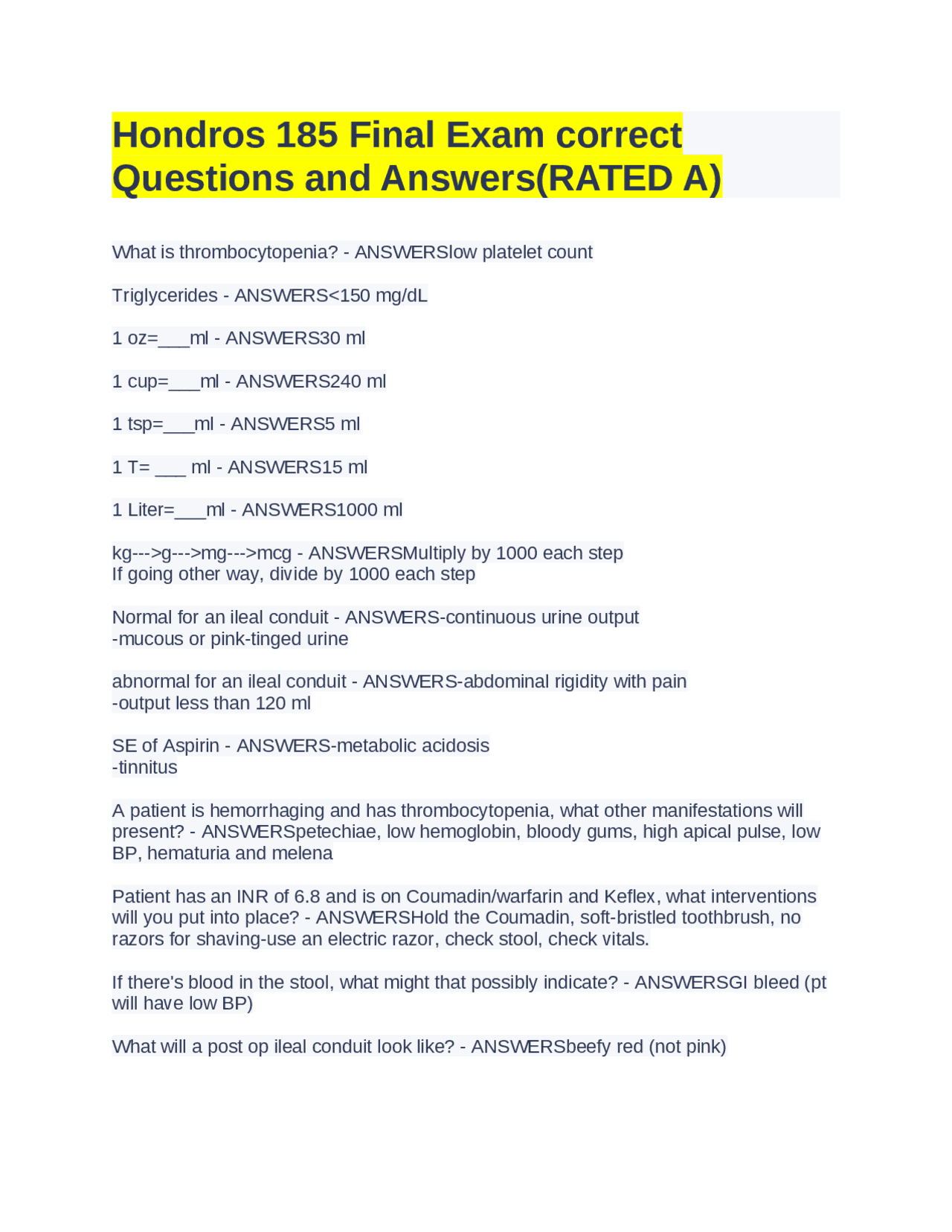 Hondros 185 Final Exam correct Questions and Answers(RATED A) | Exams ...