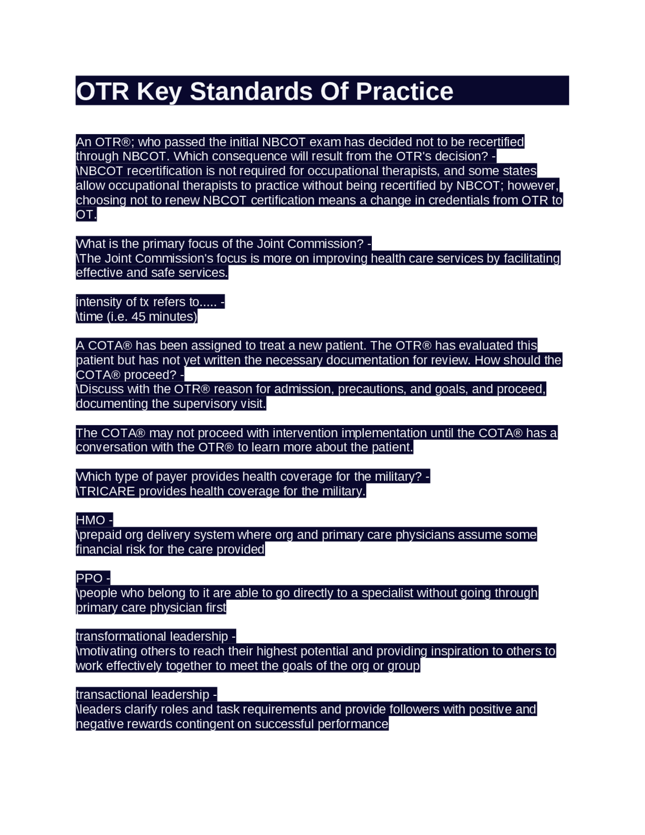 OTR Key Standards Of Practice Exam | Exams Occupational therapy | Docsity