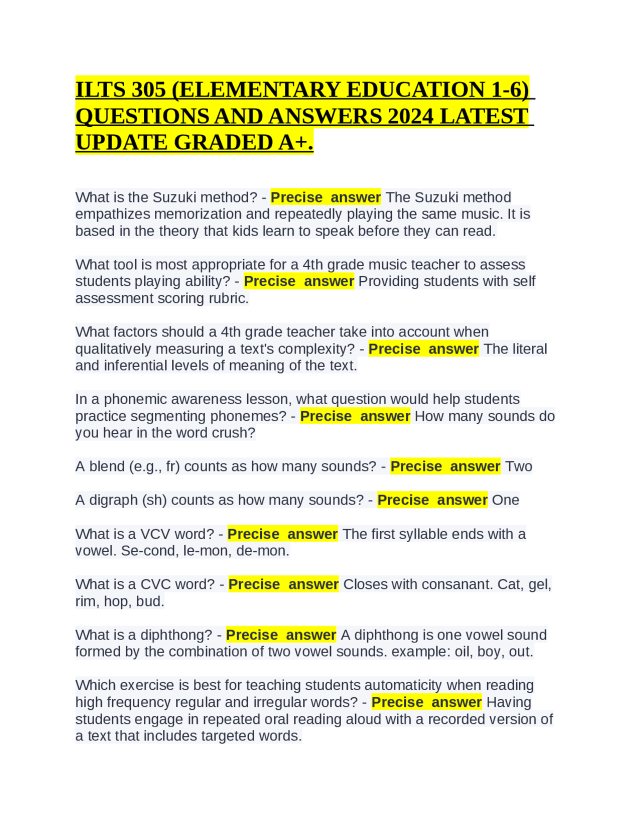 ILTS 305 (ELEMENTARY EDUCATION 1-6) QUESTIONS AND ANSWERS 2024 LATEST ...