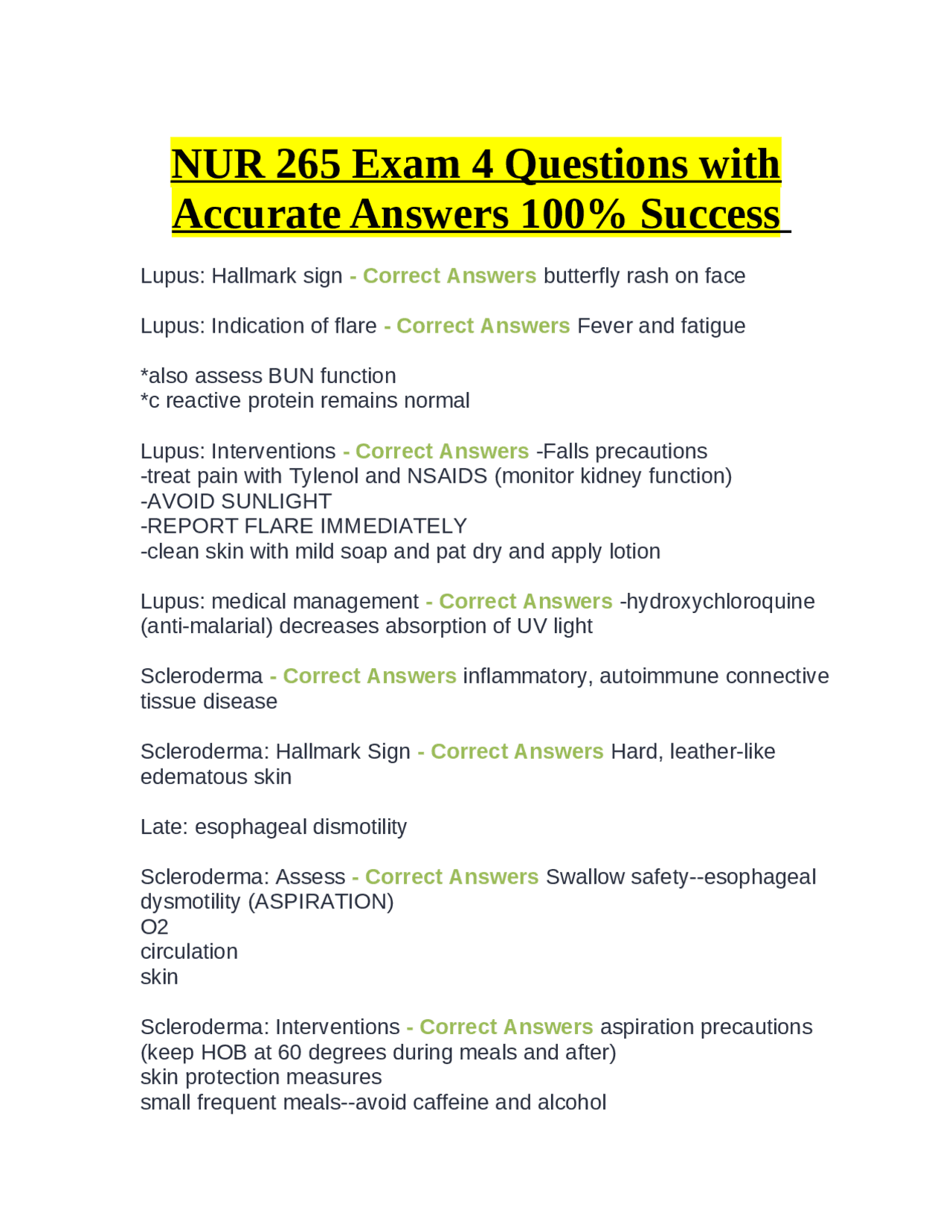 NUR 265 Exam 4 Questions with Accurate Answers 100% Success | Exams ...
