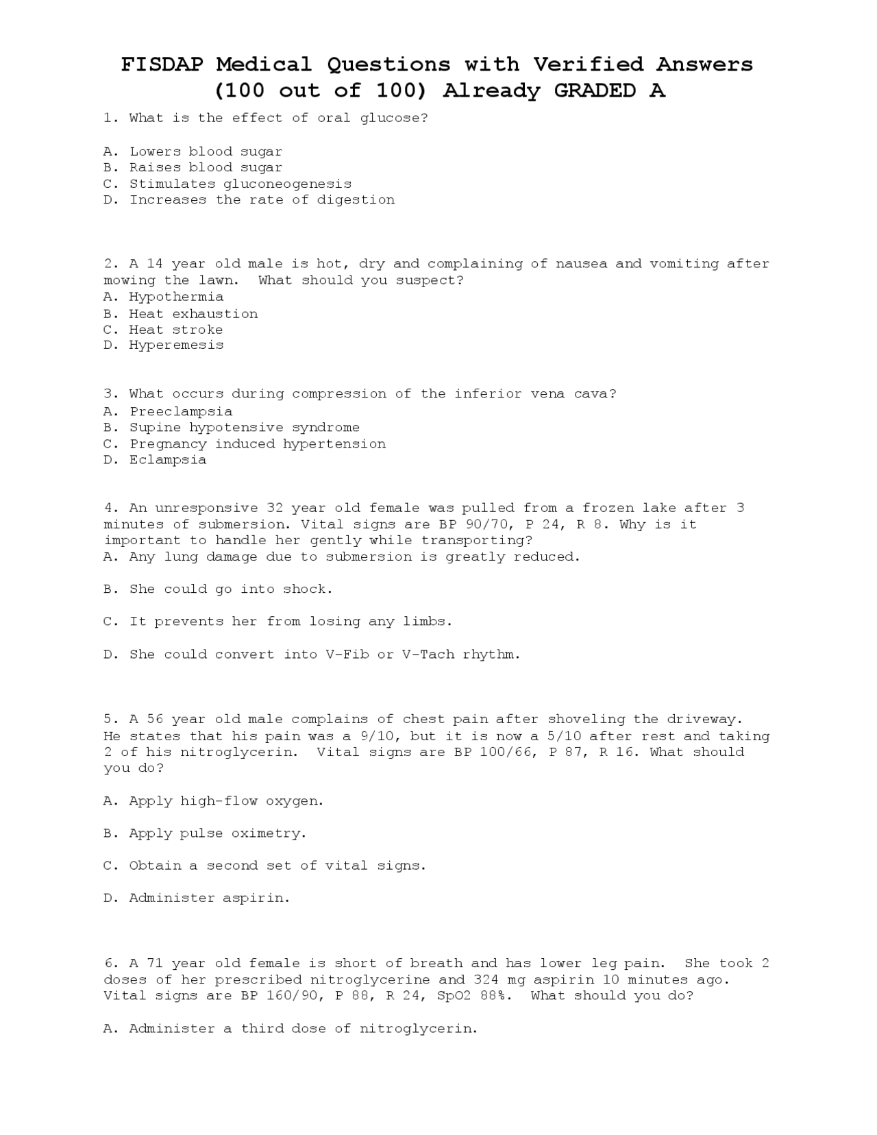 Basic Medical Questions FISDAP Medical Questions with Verified Answers (100 out of 100) Already ...