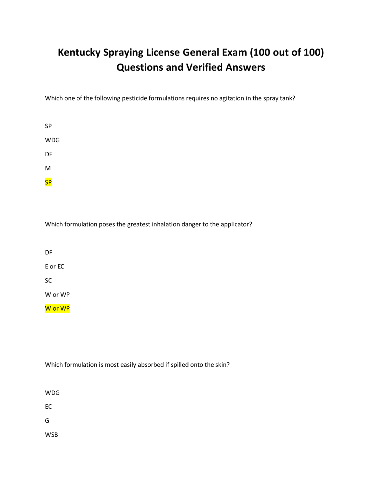 Kentucky Spraying License General Exam (100 out of 100) Questions and