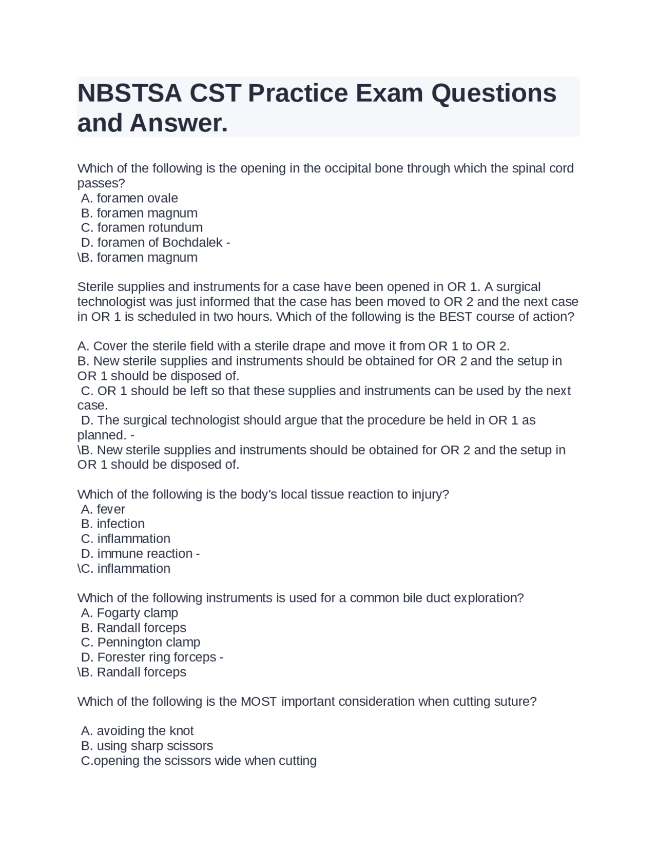 NBSTSA CST Practice Exam Questions and Answer. | Exams Medicine | Docsity