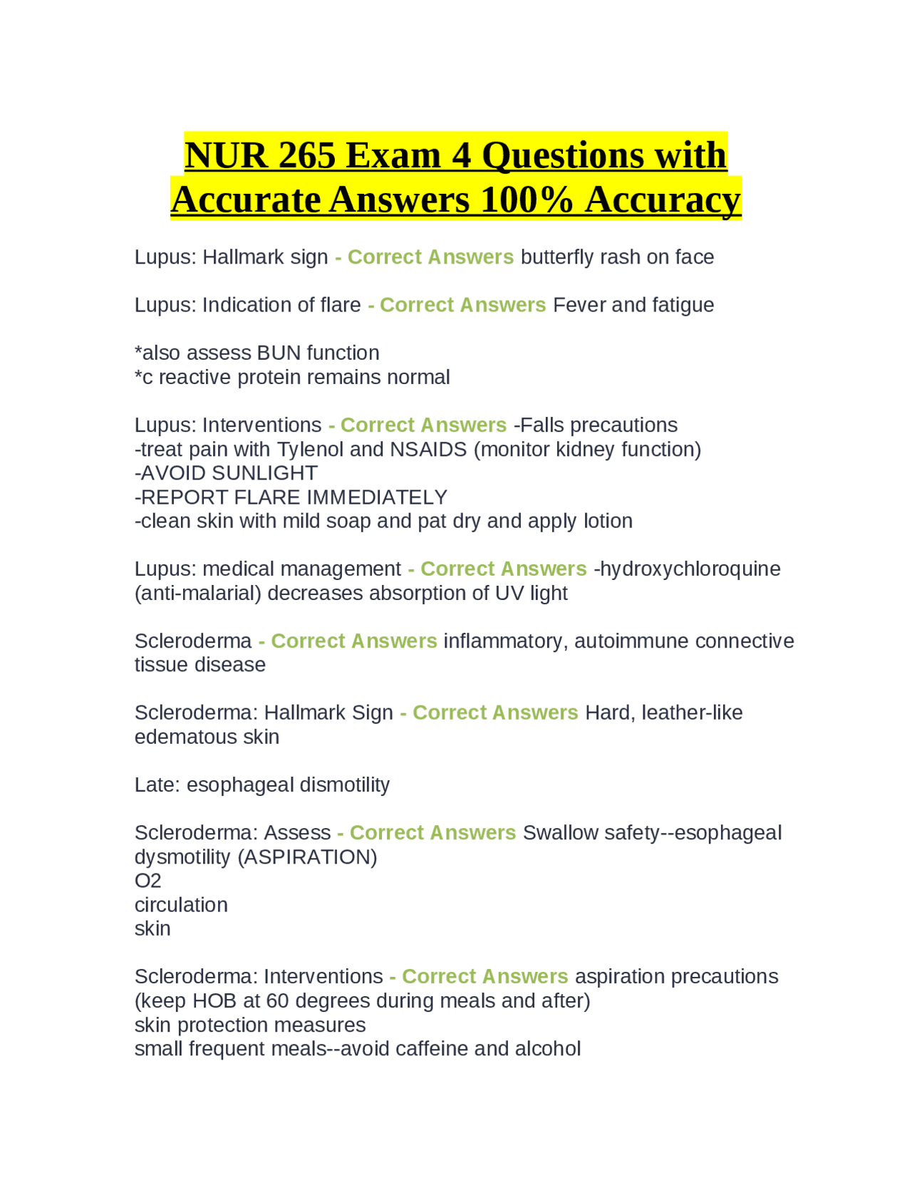 NUR 265 Exam 4 Questions with Accurate Answers 100% Accuracy | Exams ...