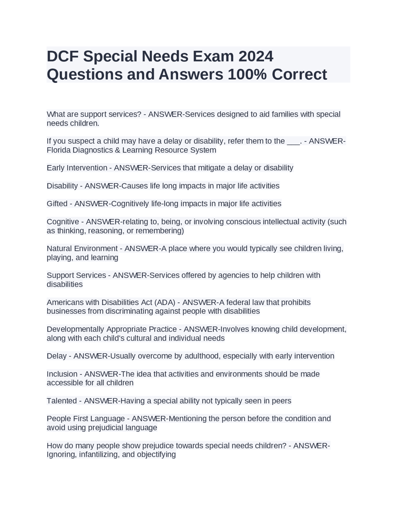 DCF Special Needs Exam 2024 Questions and Answers 100% Correct | Exams ...