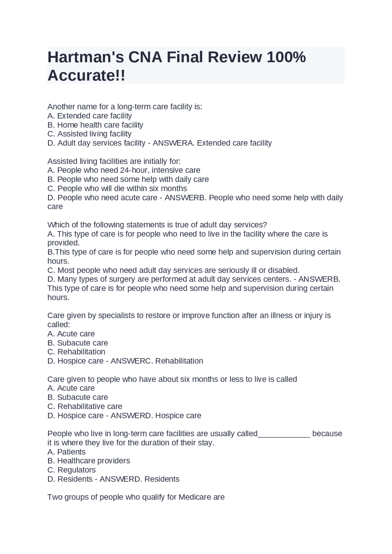 Cna Review.pdf Hartman's CNA Final Review 100% Accurate!! | Exams Nursing | Docsity