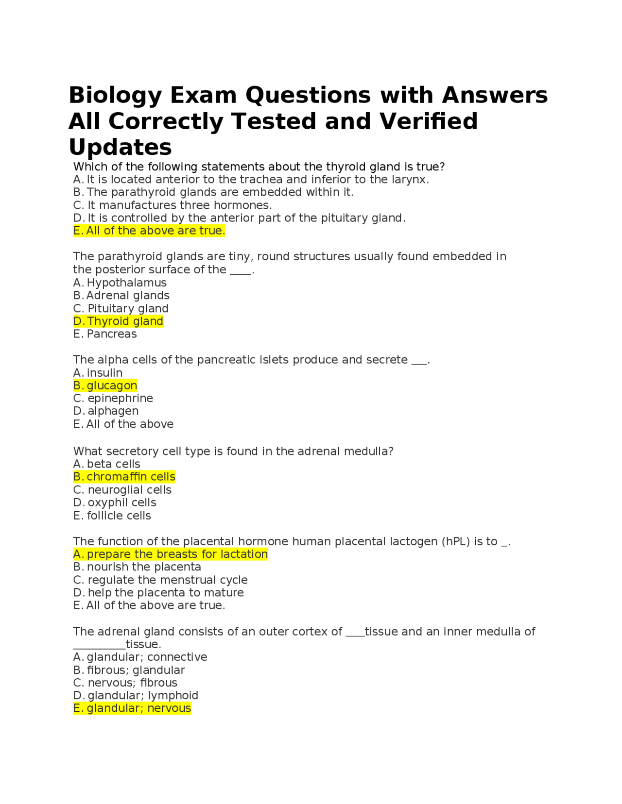 Biology Exam Questions with Answers All Correctly Tested and Verified ...