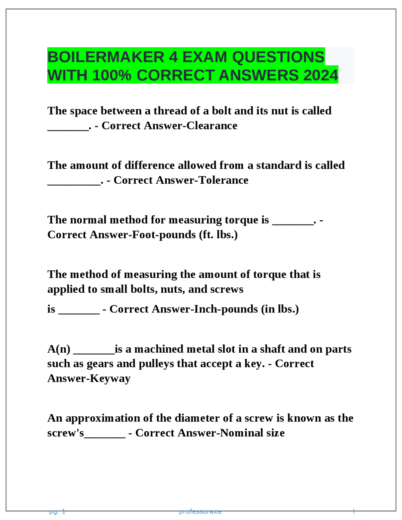 BOILERMAKER 4 EXAM QUESTIONS WITH 100 CORRECT ANSWERS 2024 Exams Advanced Education Docsity