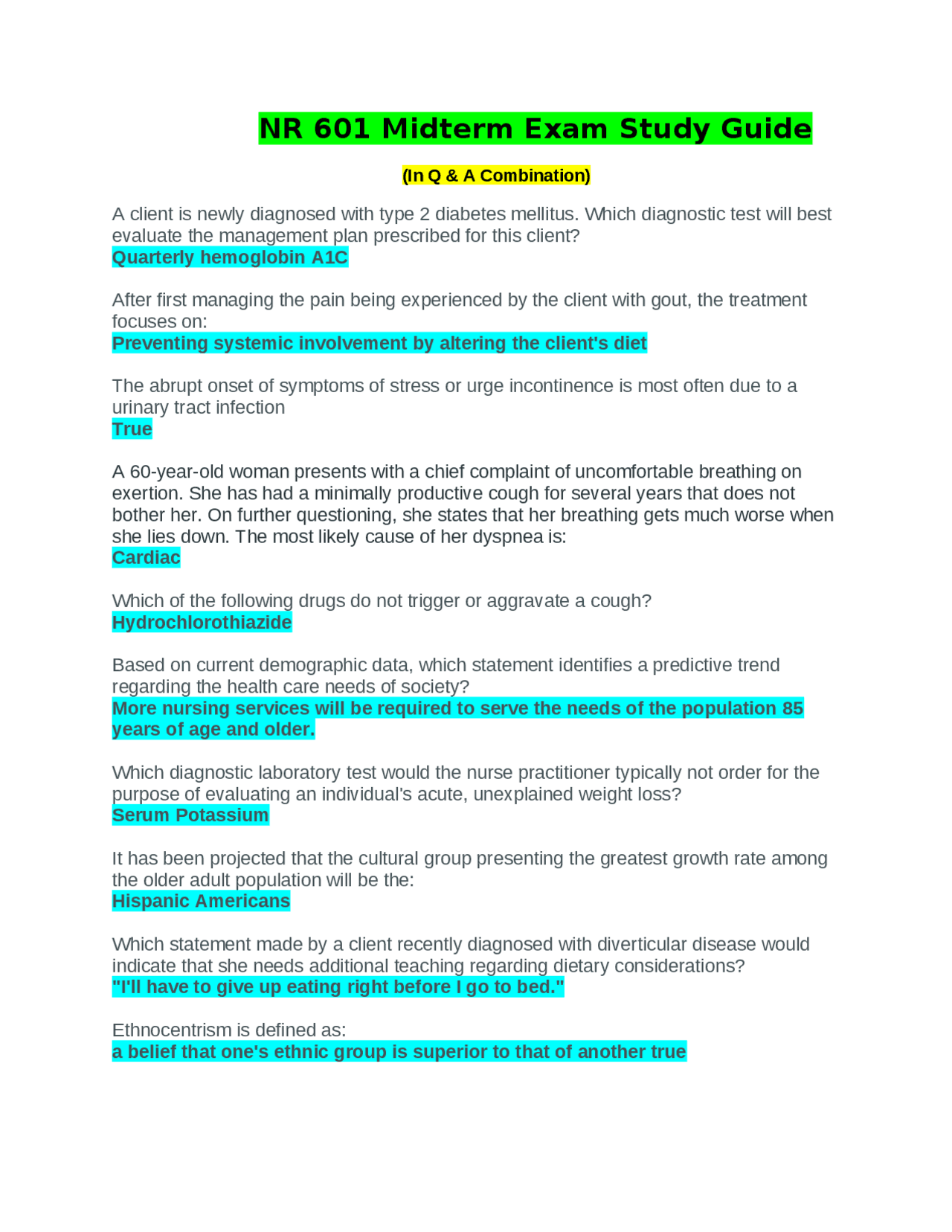 NR 601 Midterm Exam Study Guide(Version-1) (LATEST, 2024) : Chamberlain ...