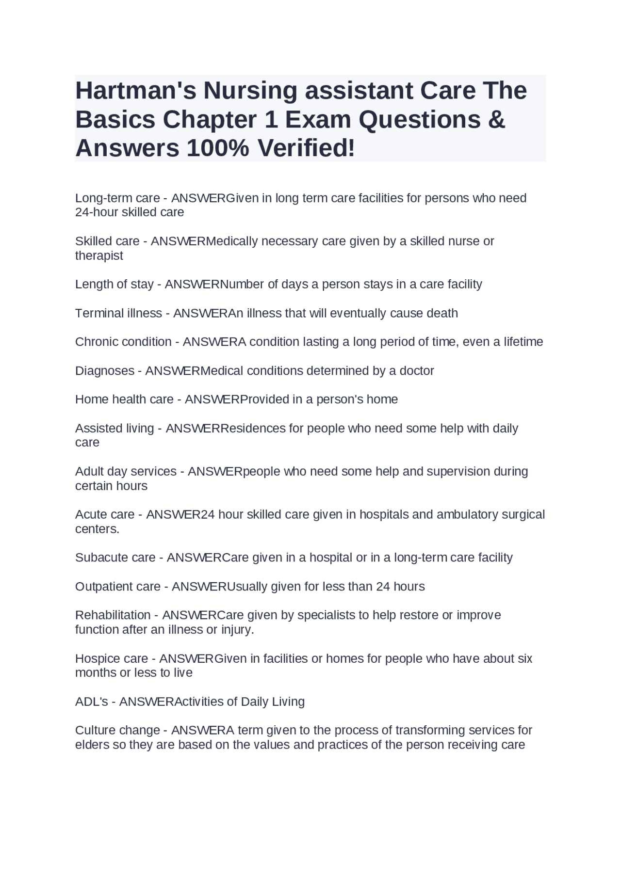 Hartman's Nursing assistant Care The Basics Chapter 1 Exam Questions ...