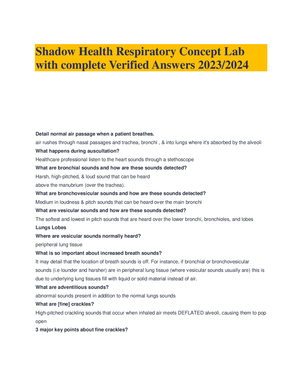 Shadow Health Respiratory Concept Lab with complete Verified Answers