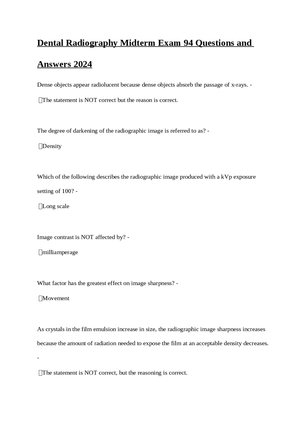 Dental Radiography Midterm Exam 94 Questions and Answers 2024 Exams