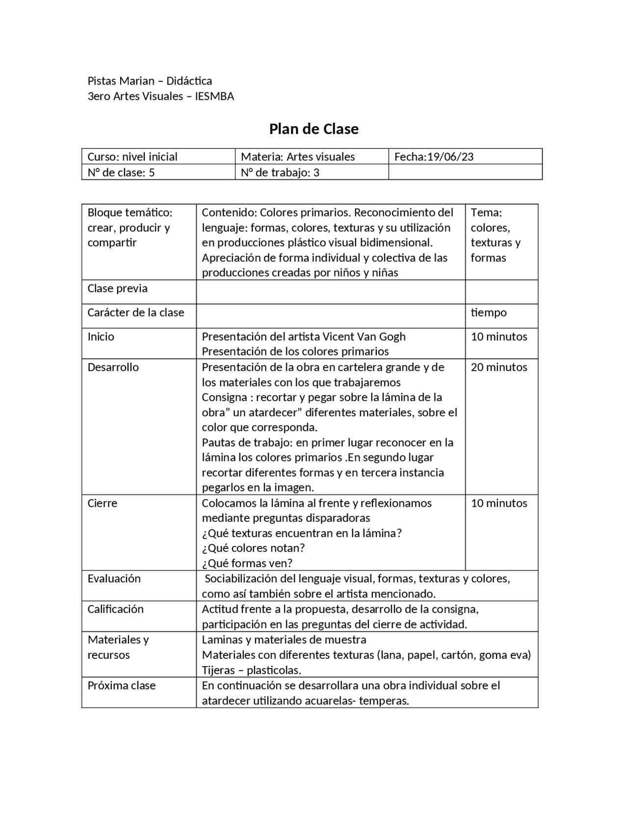 plan de clase nivel inicial | Ejercicios de Didáctica General | Docsity