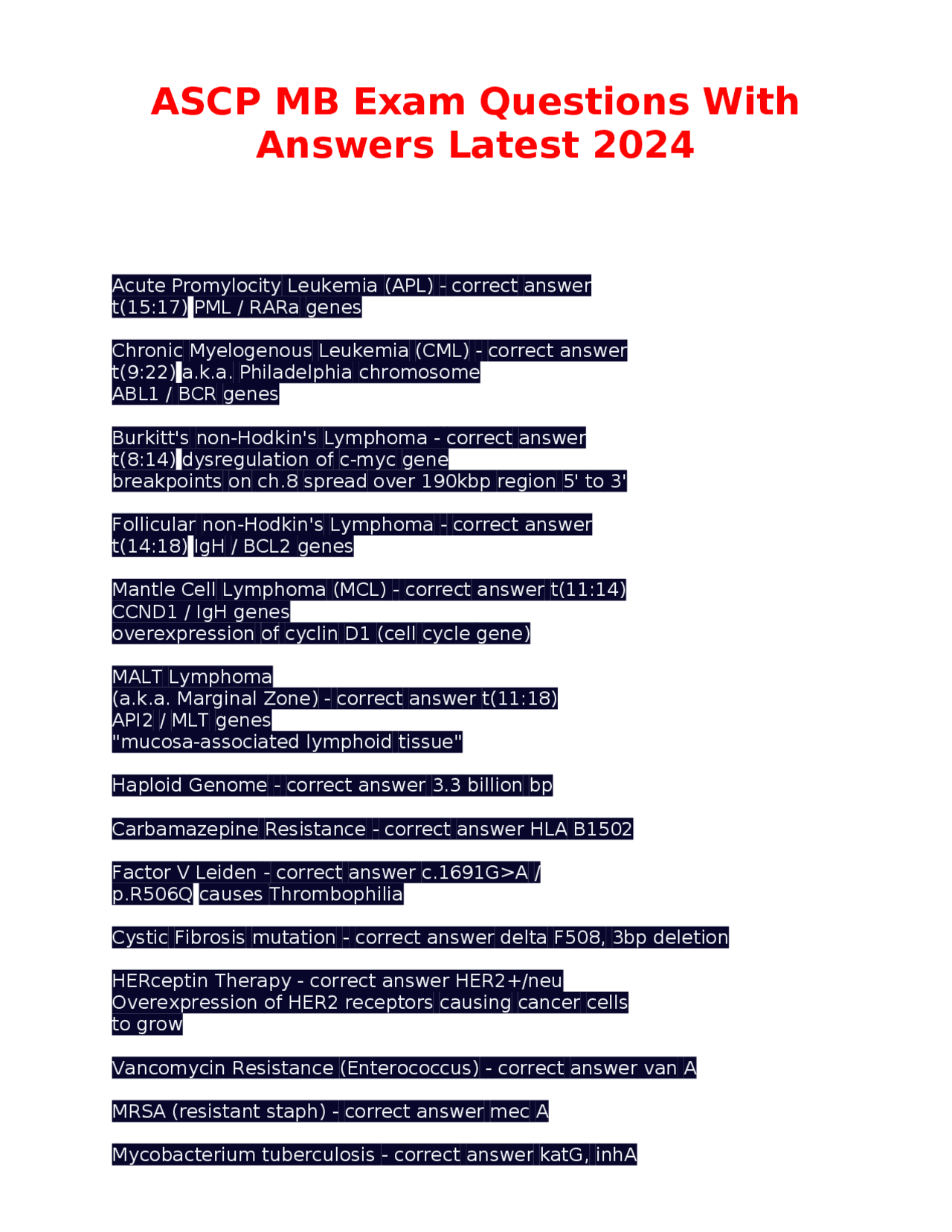 Ascp Mb Exam Questions With Answers Latest 2024 Exams Nursing Docsity