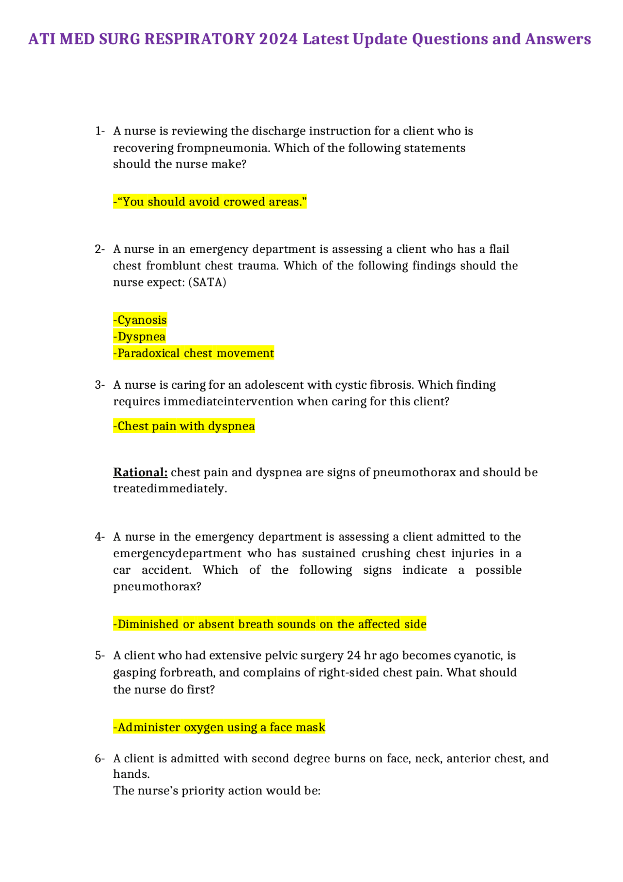 ATI MED SURG RESPIRATORY 2024 Latest Update Questions and Answers ...