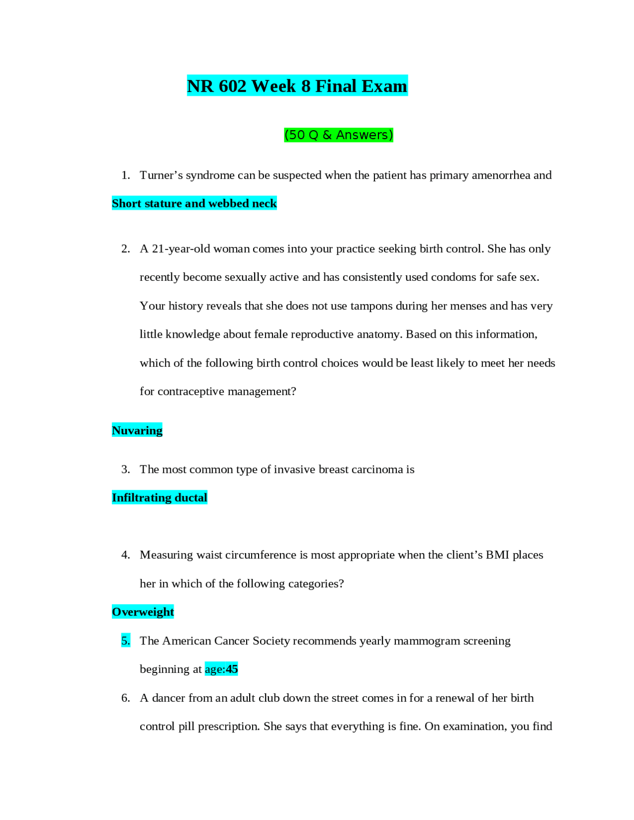 NR 602 Week 8 Final Exam / NR602 Week 8 Final Exam(V1)(50 Q & A)(Latest ...