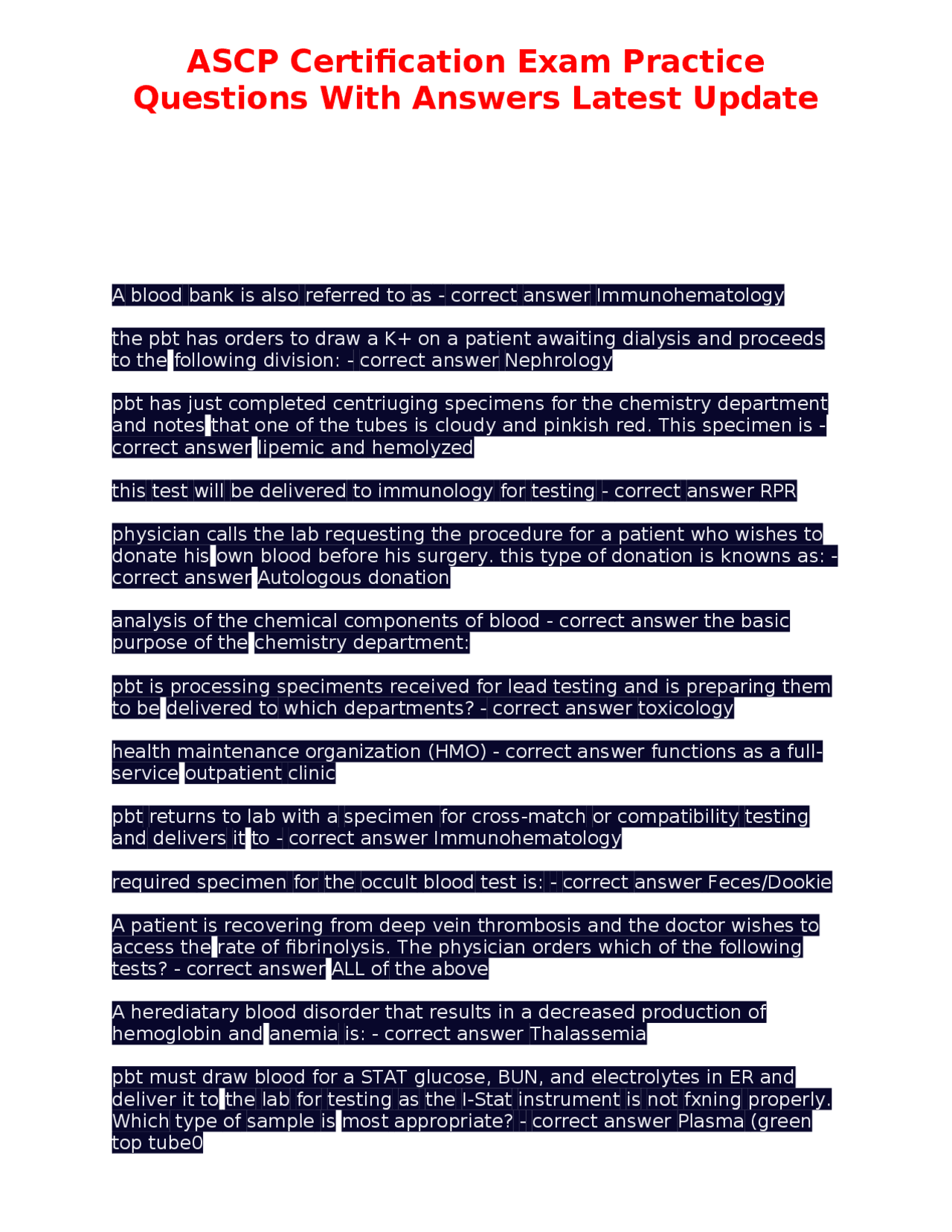 ASCP Certification Exam Practice Questions With Answers Latest Update ...