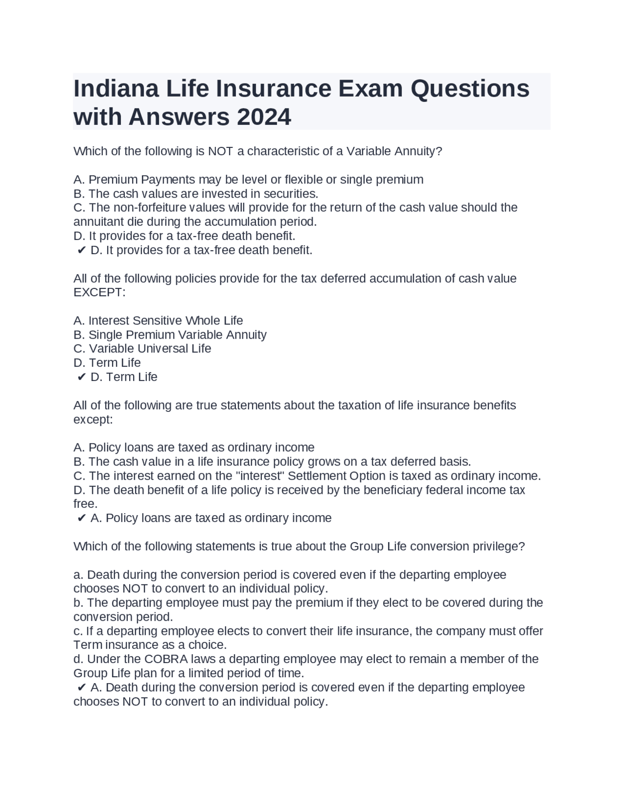 Indiana Life Insurance Exam Questions with Answers 2024 Exams Law