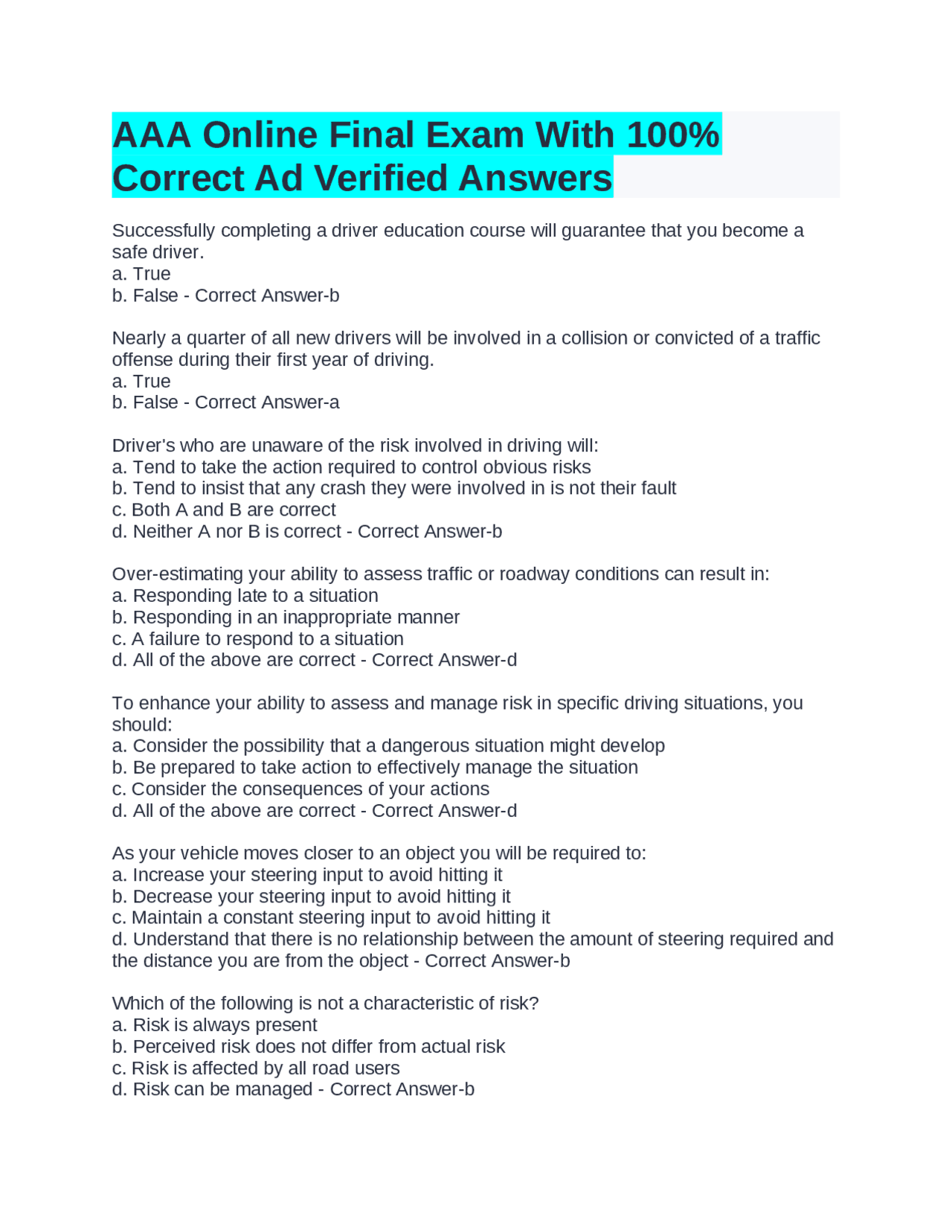 AAA Online Final Exam With 100% Correct Ad Verified Answers | Exams ...