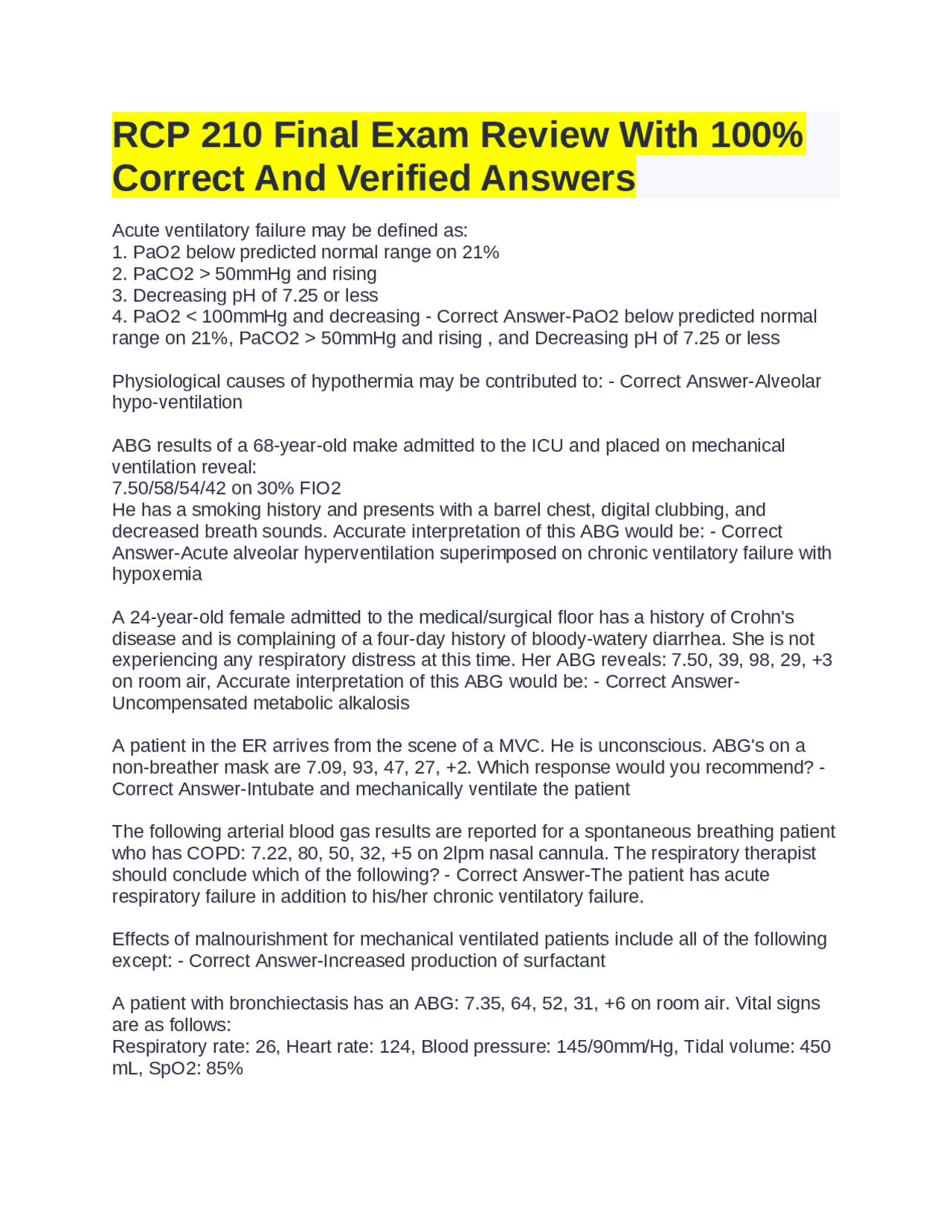 RCP 210 Final Exam Review With 100% Correct And Verified Answers ...